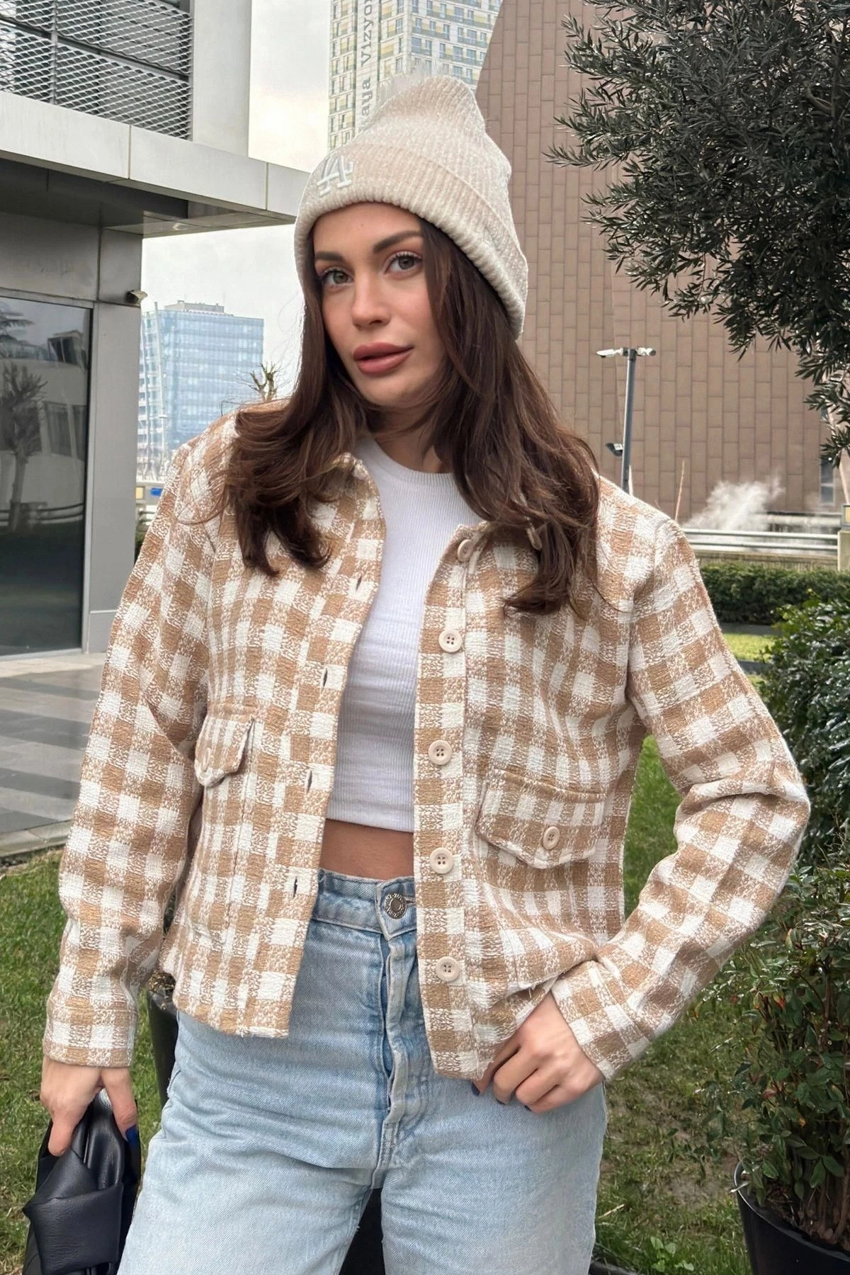 Kadın Vizon Çift Cepli, Pötikare Desenli, Rahat Kalıp, Kısa Tüvit Ceket