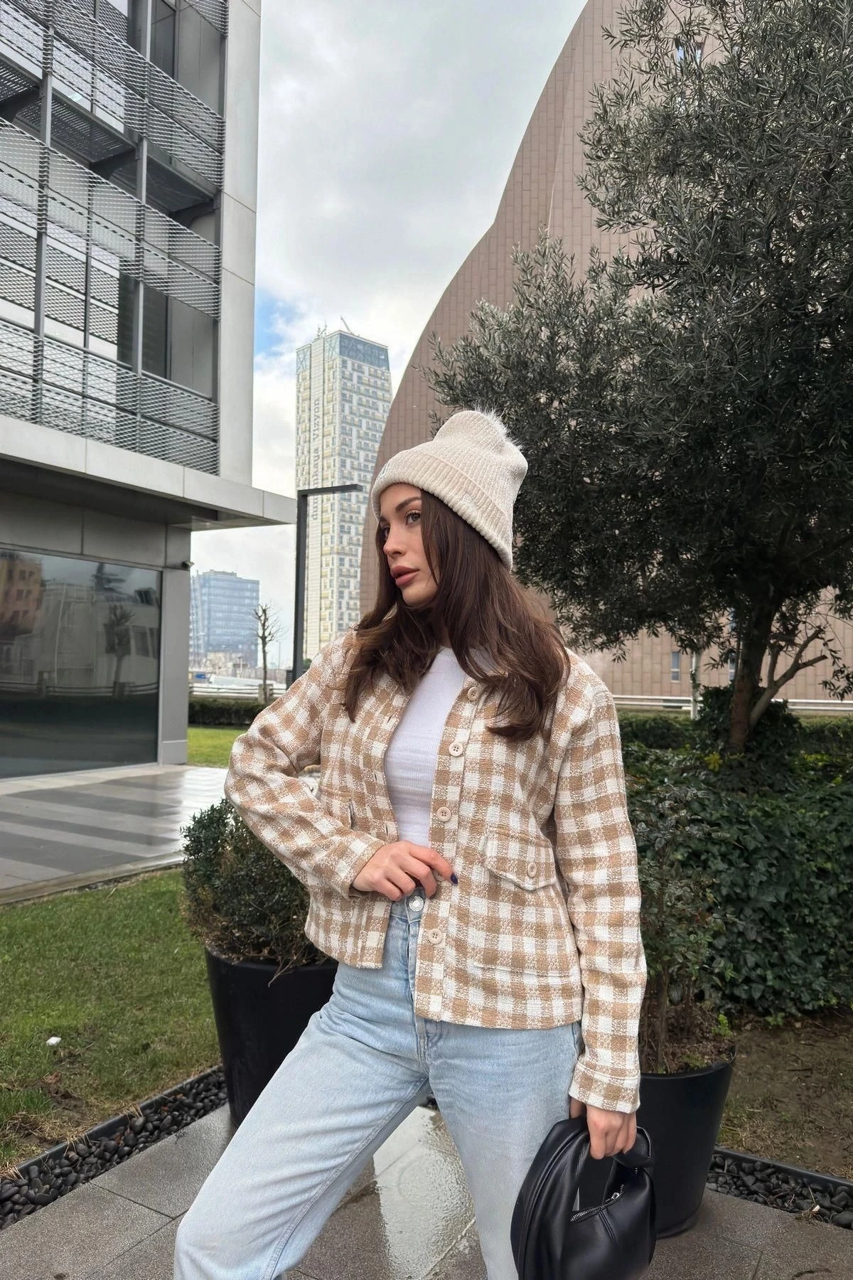 Kadın Vizon Çift Cepli, Pötikare Desenli, Rahat Kalıp, Kısa Tüvit Ceket