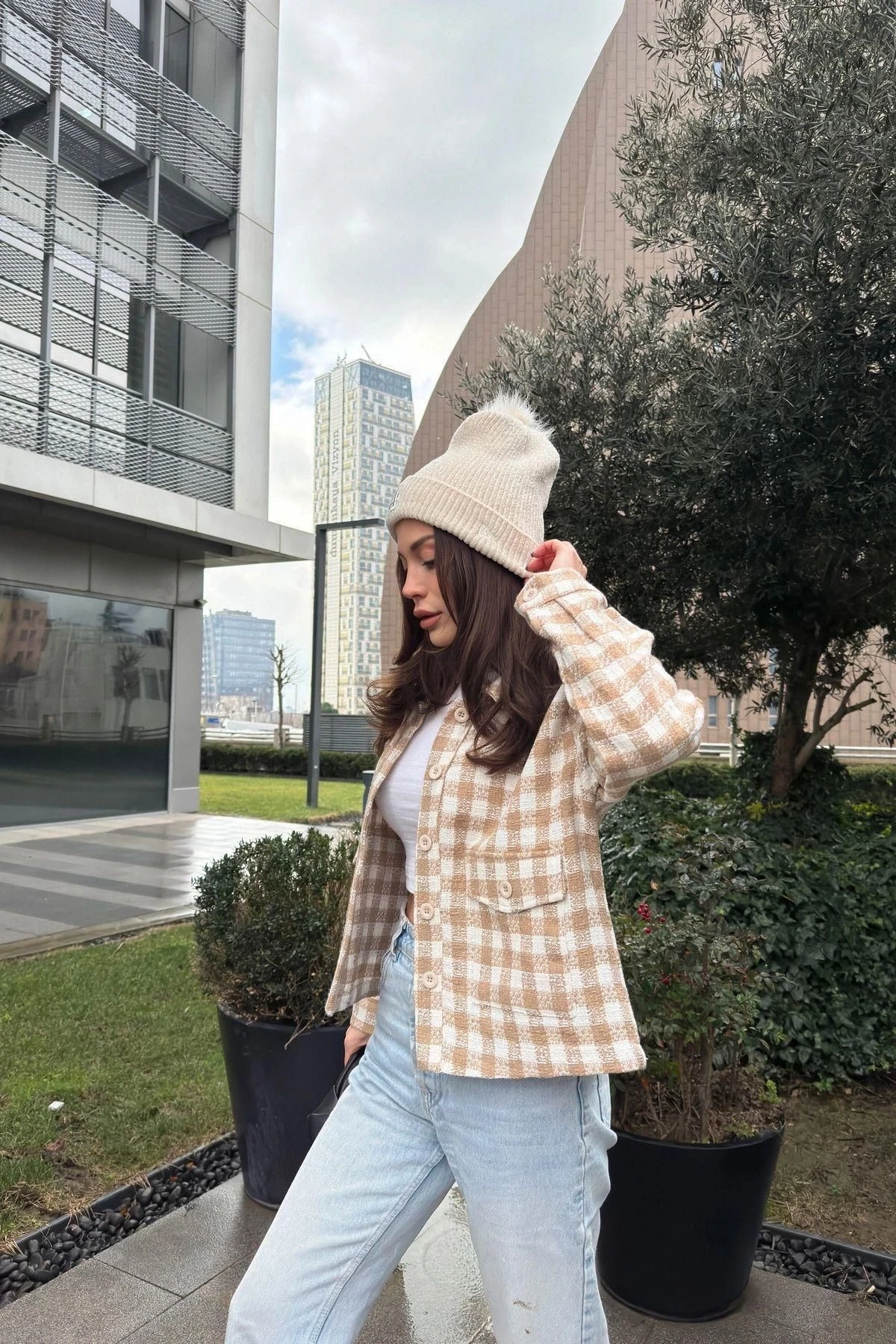 Kadın Vizon Çift Cepli, Pötikare Desenli, Rahat Kalıp, Kısa Tüvit Ceket