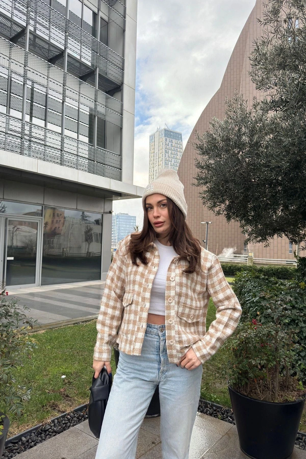 Kadın Vizon Çift Cepli, Pötikare Desenli, Rahat Kalıp, Kısa Tüvit Ceket