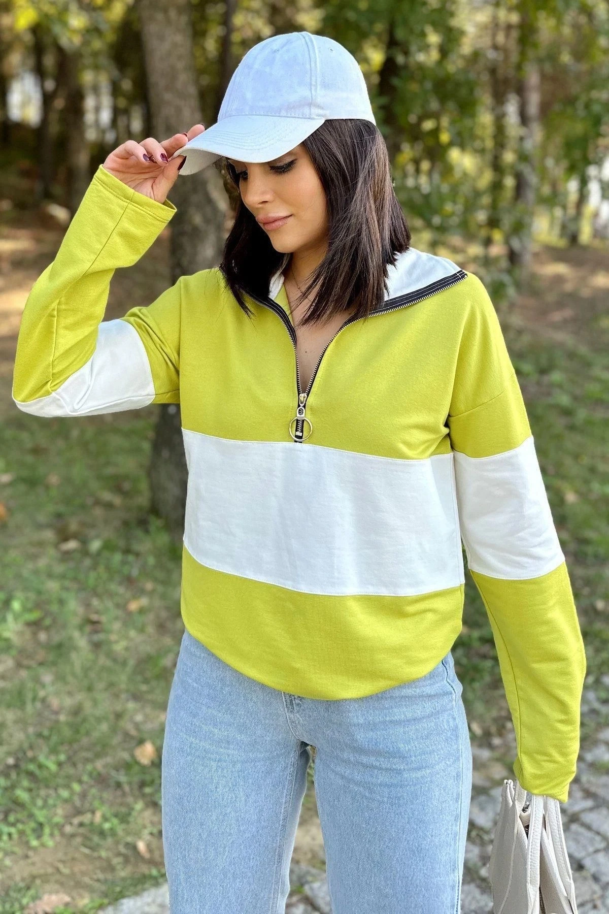 Kadın Yağ Yeşili Uzun Kol, Dik Yaka, Fermuarlı, Double Color Block Basic Sweatshirt Bluz