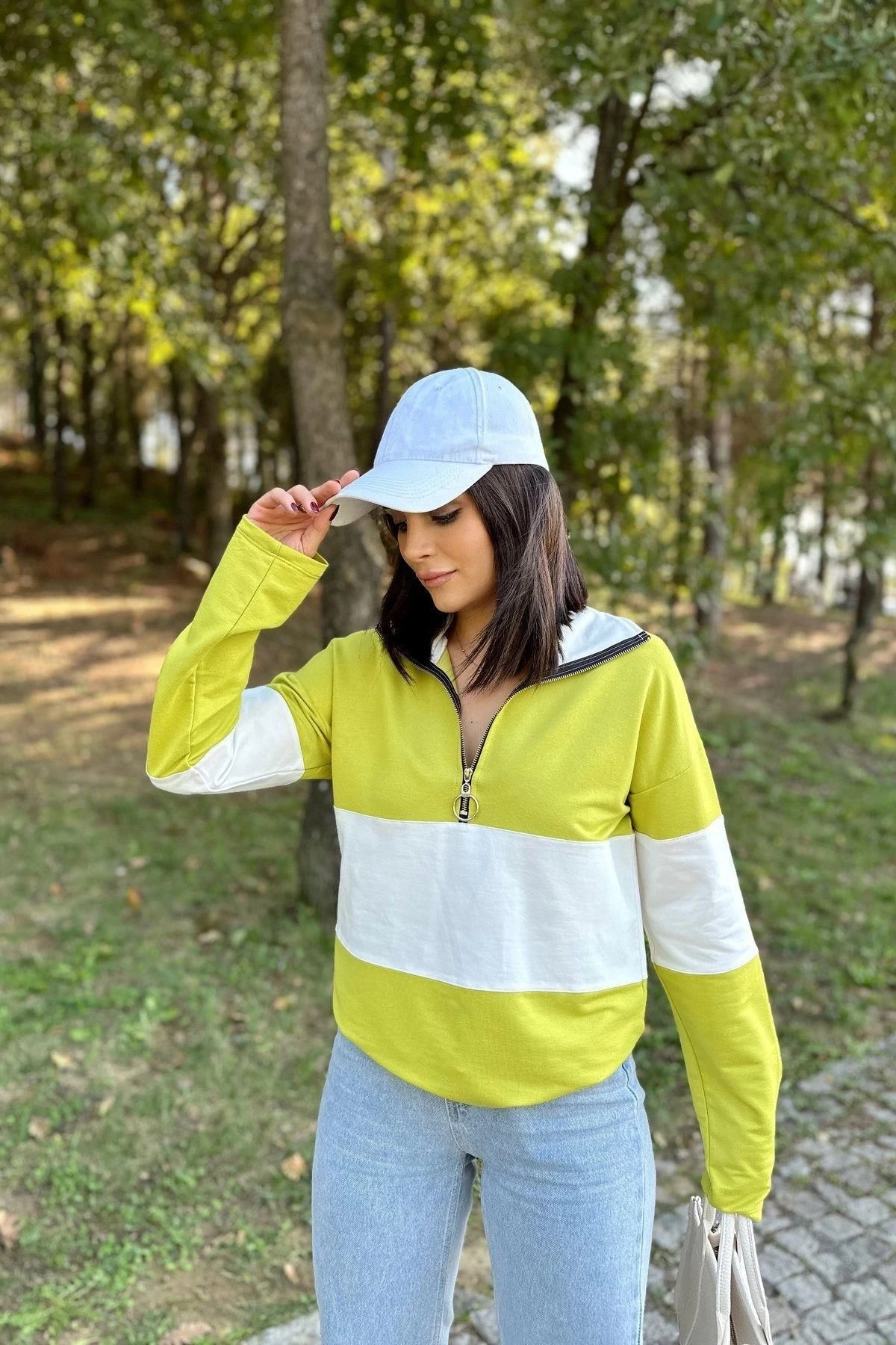 Kadın Yağ Yeşili Uzun Kol, Dik Yaka, Fermuarlı, Double Color Block Basic Sweatshirt Bluz