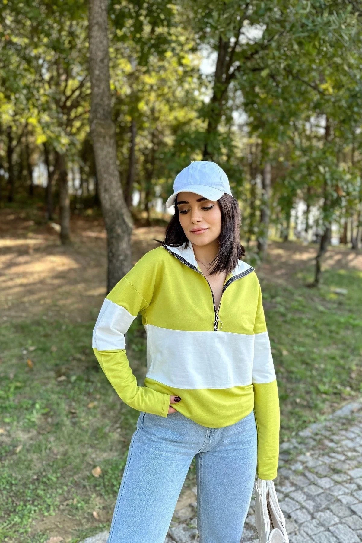 Kadın Yağ Yeşili Uzun Kol, Dik Yaka, Fermuarlı, Double Color Block Basic Sweatshirt Bluz