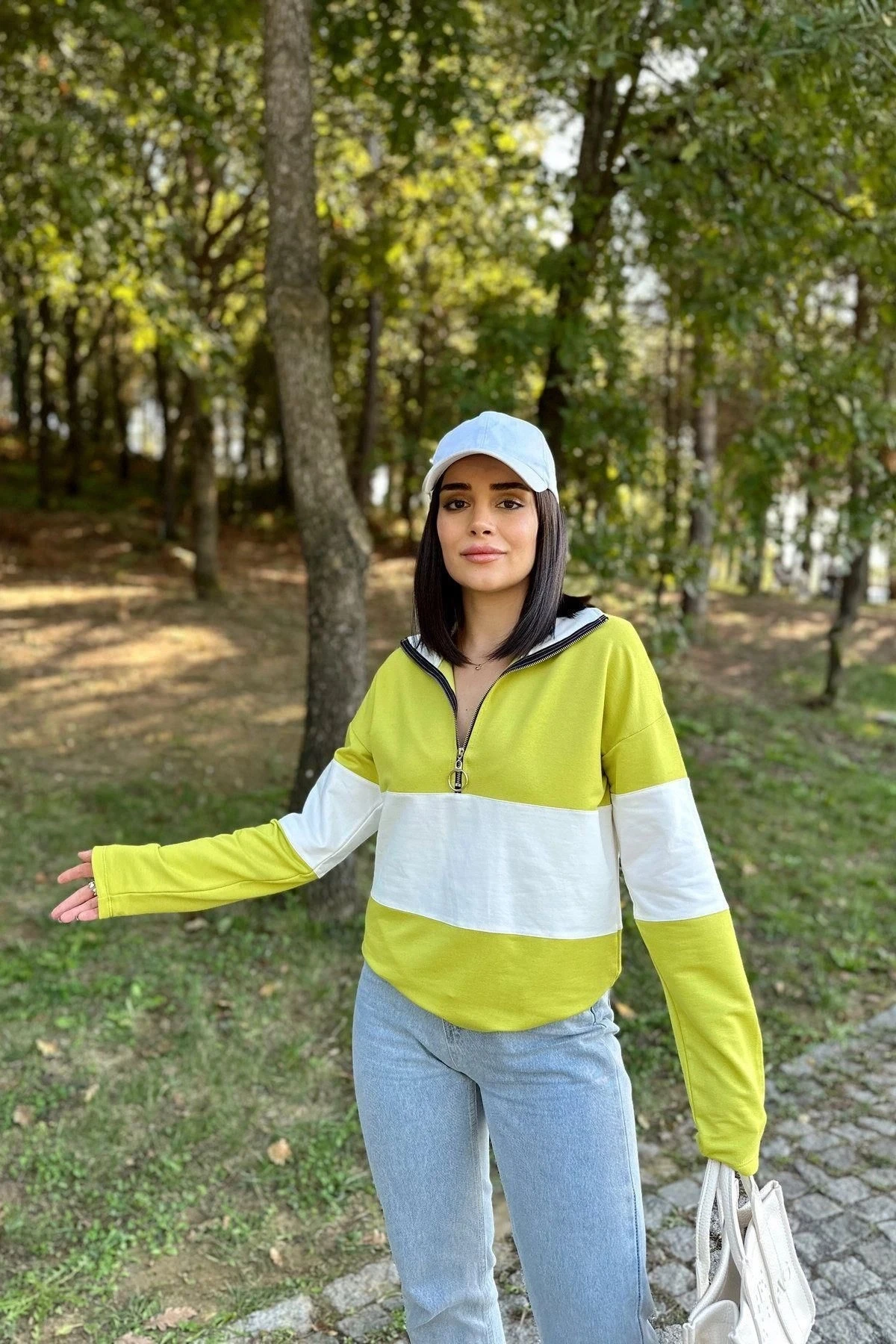 Kadın Yağ Yeşili Uzun Kol, Dik Yaka, Fermuarlı, Double Color Block Basic Sweatshirt Bluz