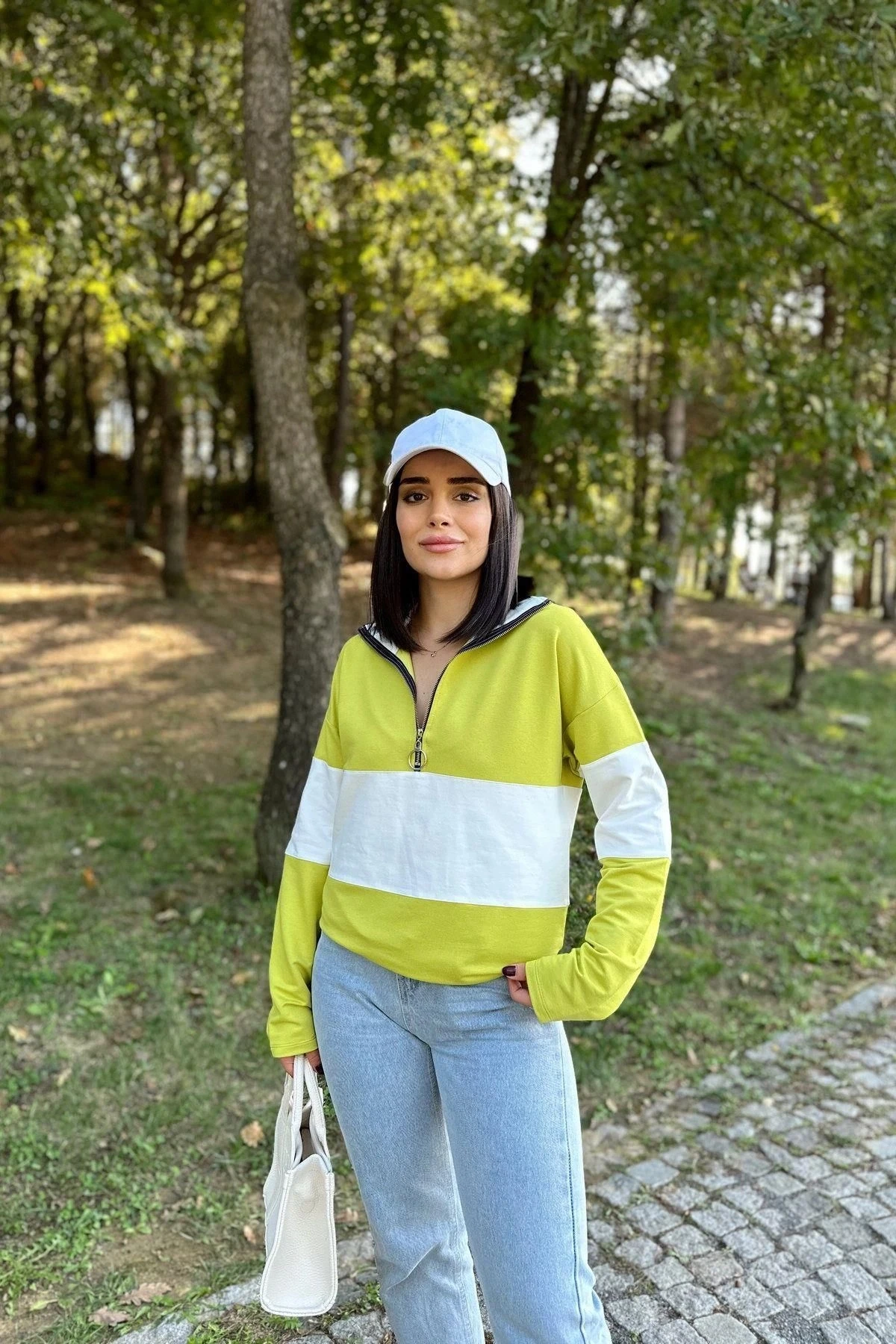 Kadın Yağ Yeşili Uzun Kol, Dik Yaka, Fermuarlı, Double Color Block Basic Sweatshirt Bluz