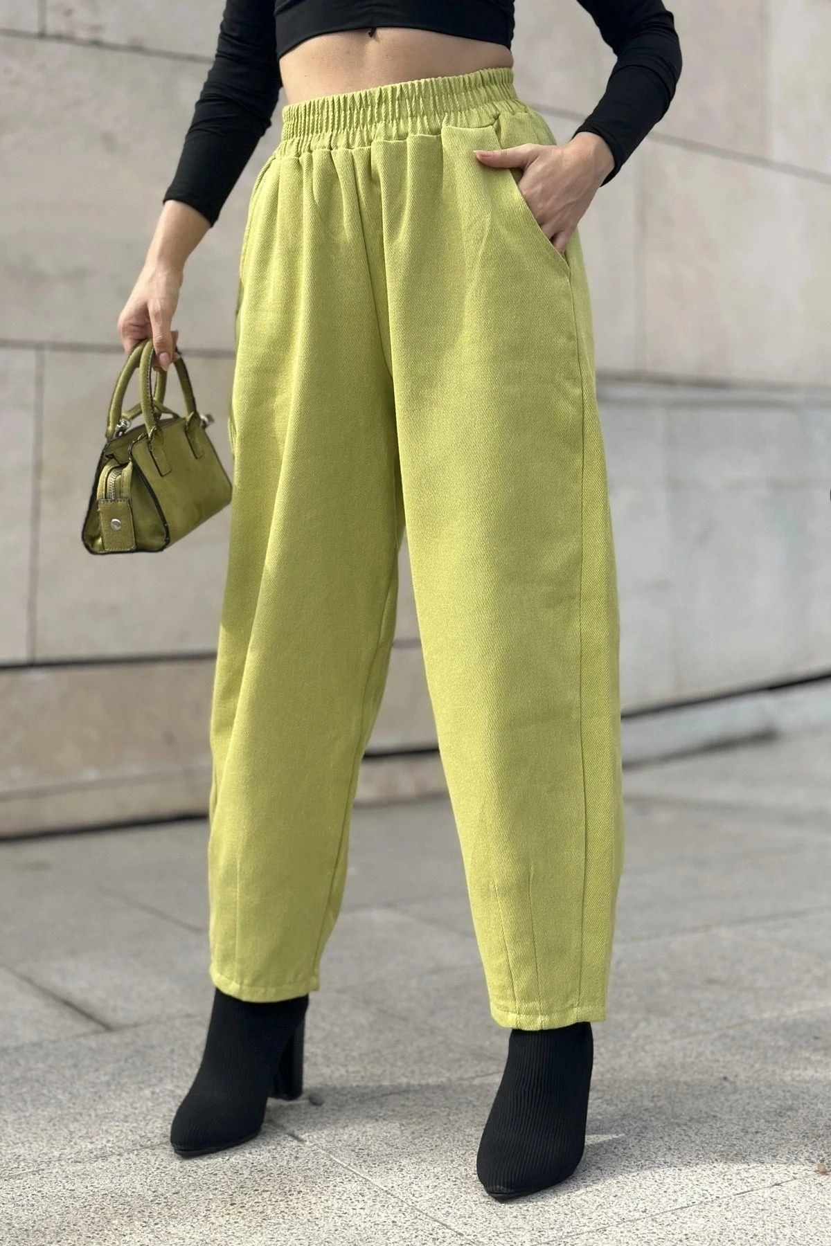 Kadın Yag Yeşili Yüksek Bel, Cepli, Beli Lastikli, Salaş Gabardin Pantolon