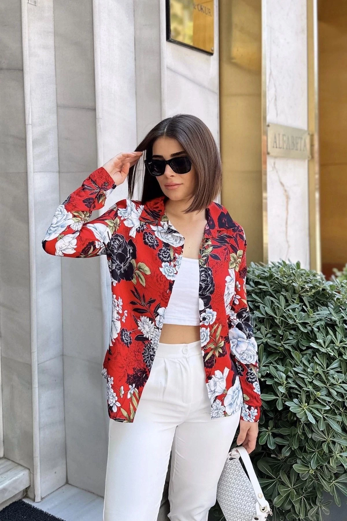 Kırmızı Klasik Yaka, Uzun Kol, Digital Baskılı Kumaş, Regular Kalıp/Kesim, Gömlek