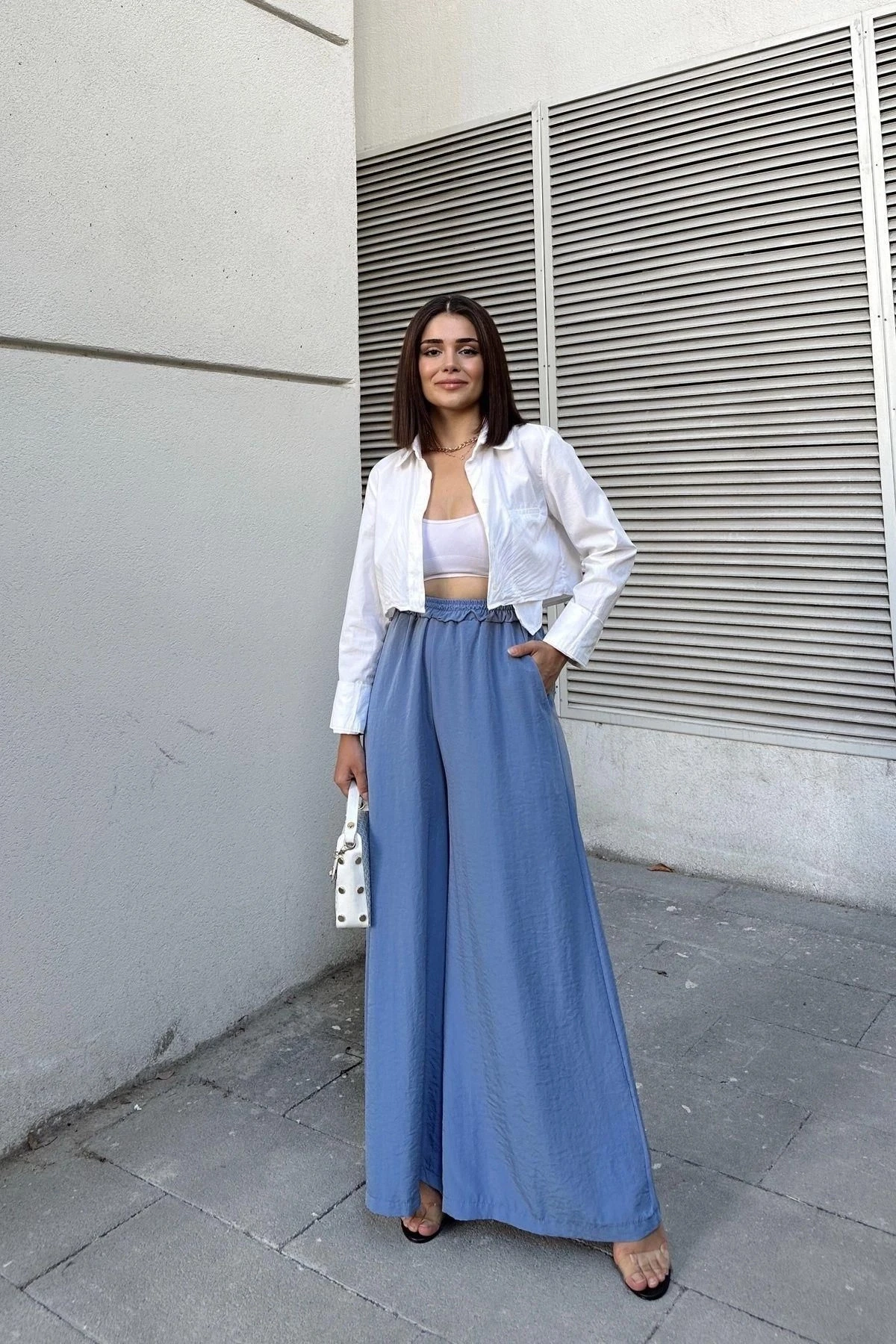 Mavi Beli Lastikli, Cepli, İspanyol / Bol Paça Özel Kumaş, Rahat Kalıp Pantolon - Tesettüre Uygun