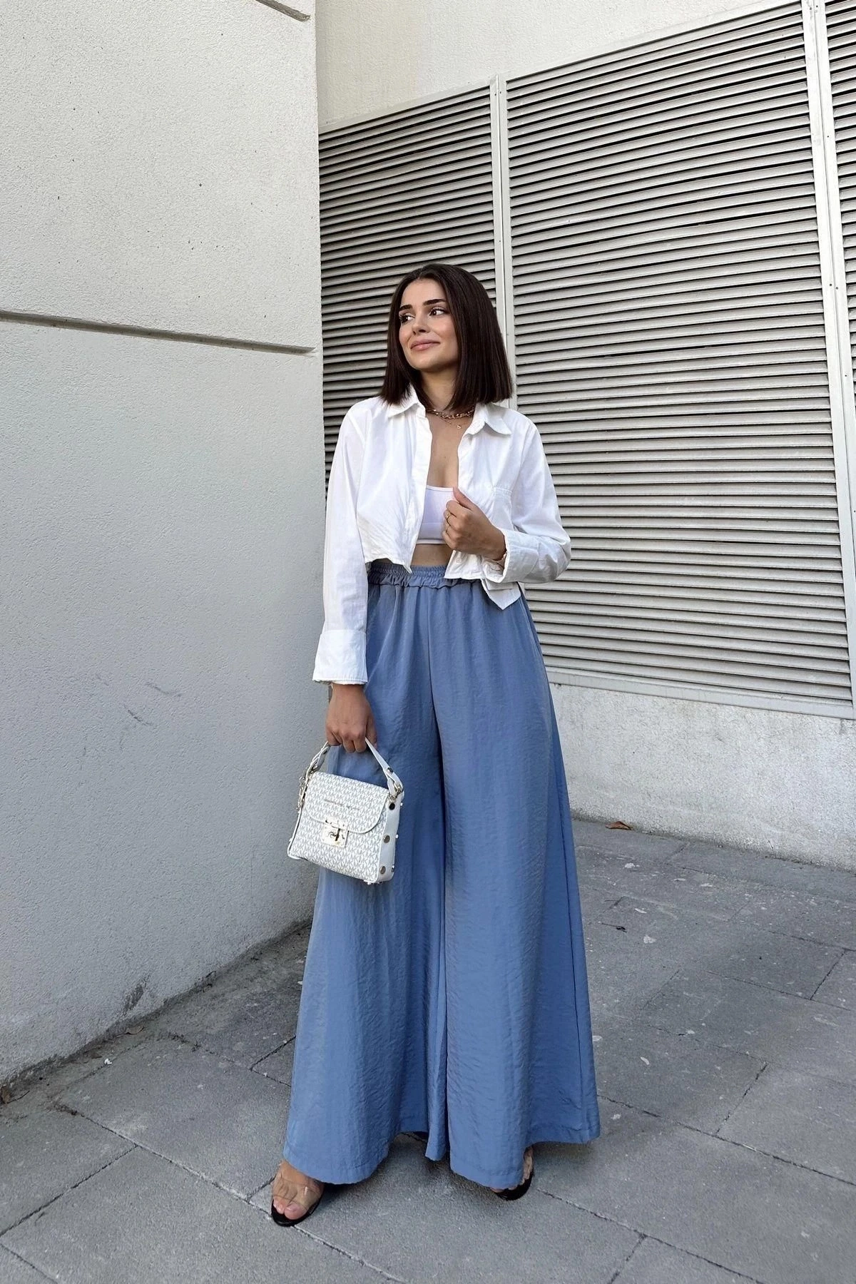 Mavi Beli Lastikli, Cepli, İspanyol / Bol Paça Özel Kumaş, Rahat Kalıp Pantolon - Tesettüre Uygun