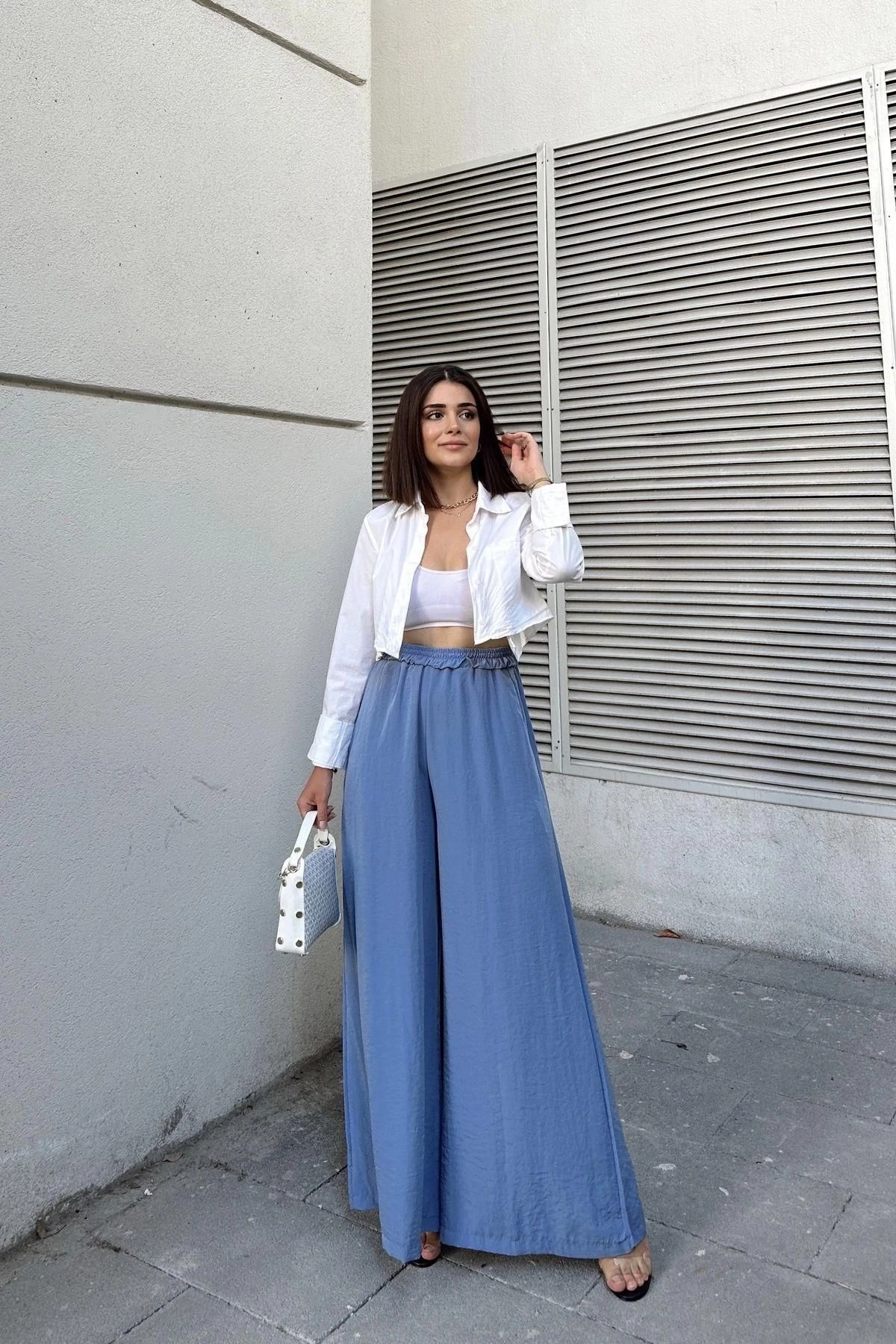 Mavi Beli Lastikli, Cepli, İspanyol / Bol Paça Özel Kumaş, Rahat Kalıp Pantolon - Tesettüre Uygun