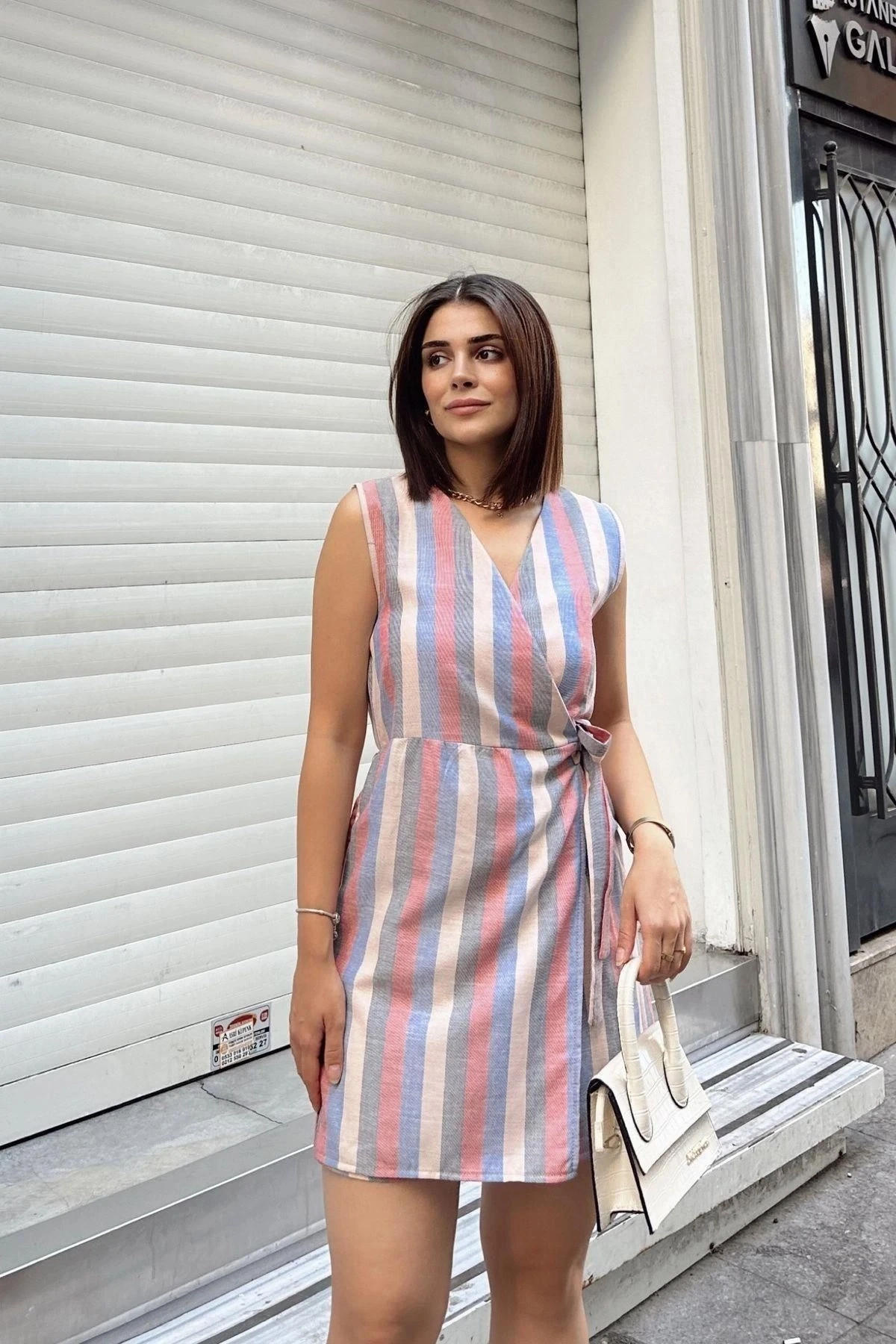 Saks & Kırmızı Kolsuz, Keten, Kruvaze, Belden Bağlamalı, Elbise Görünümlü Şort Etekli Kısa Tulum