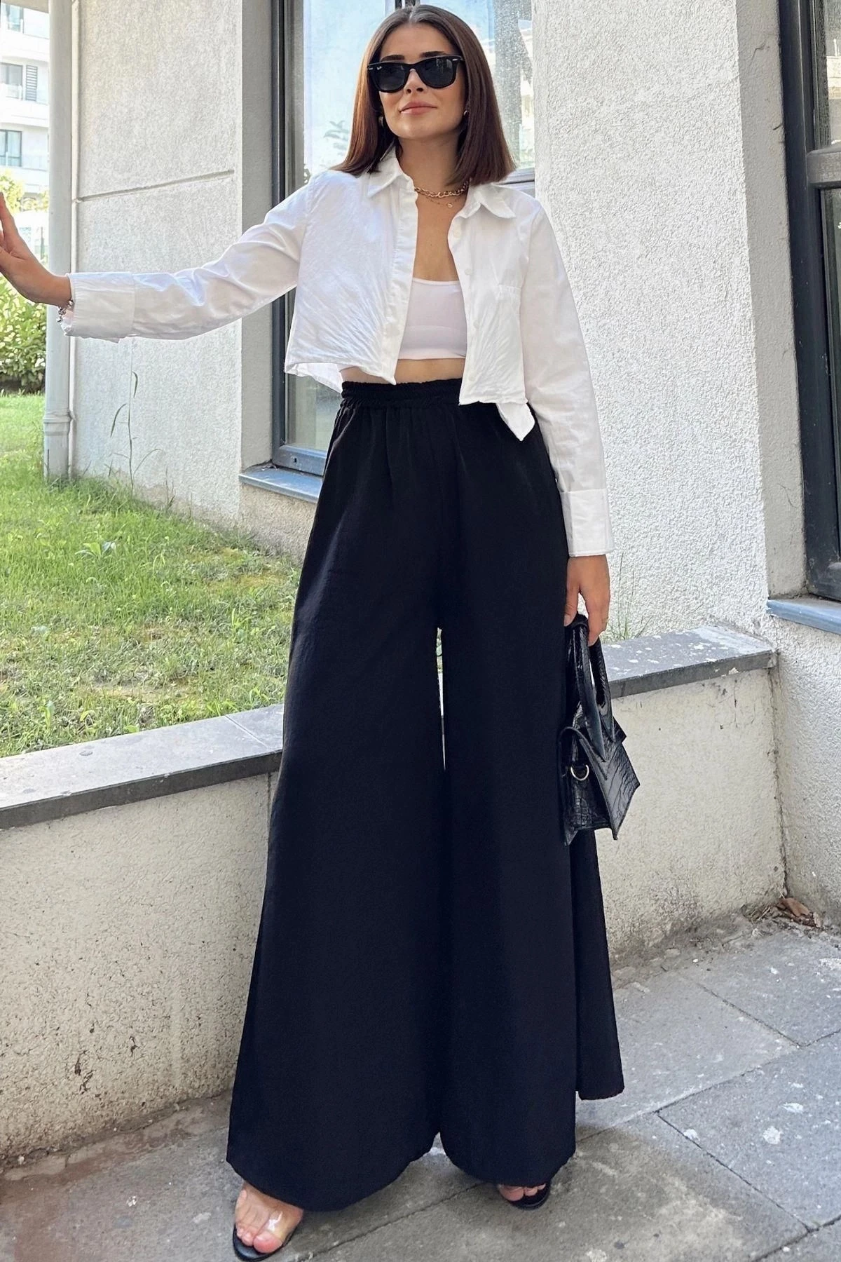 Siyah Beli Lastikli, Cepli, İspanyol / Bol Paça Özel Kumaş, Rahat Kalıp Pantolon - Tesettüre Uygun