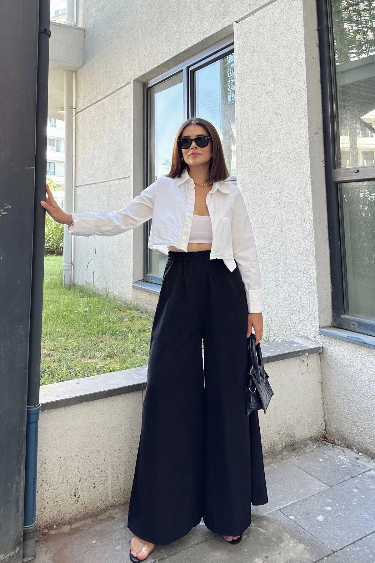 Siyah Beli Lastikli, Cepli, İspanyol / Bol Paça Özel Kumaş, Rahat Kalıp Pantolon - Tesettüre Uygun