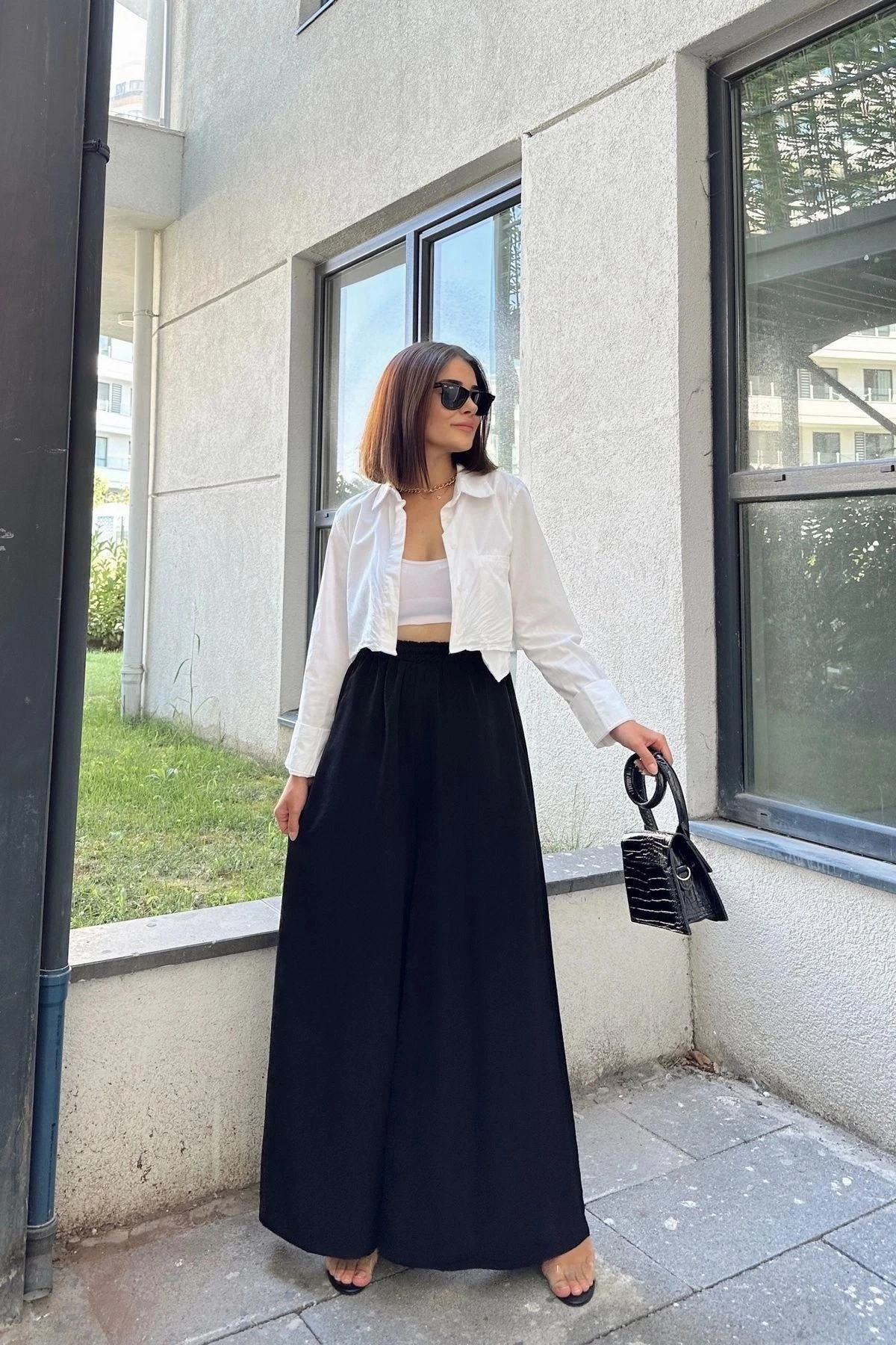 Siyah Beli Lastikli, Cepli, İspanyol / Bol Paça Özel Kumaş, Rahat Kalıp Pantolon - Tesettüre Uygun