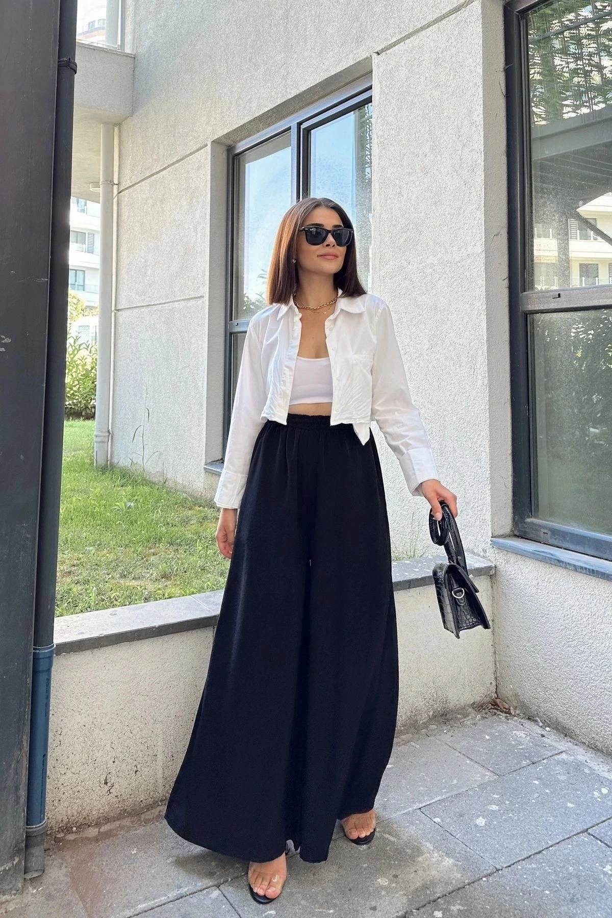 Siyah Beli Lastikli, Cepli, İspanyol / Bol Paça Özel Kumaş, Rahat Kalıp Pantolon - Tesettüre Uygun