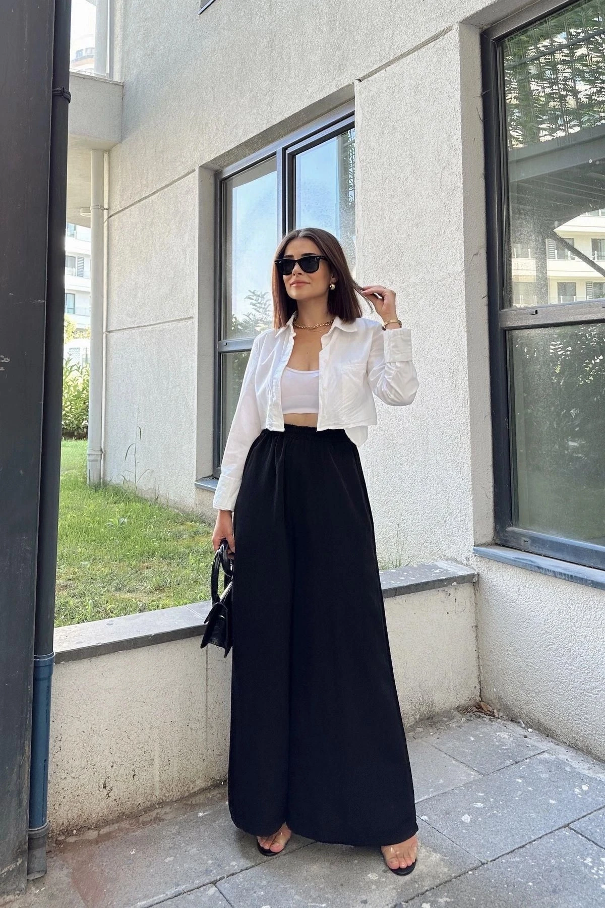 Siyah Beli Lastikli, Cepli, İspanyol / Bol Paça Özel Kumaş, Rahat Kalıp Pantolon - Tesettüre Uygun