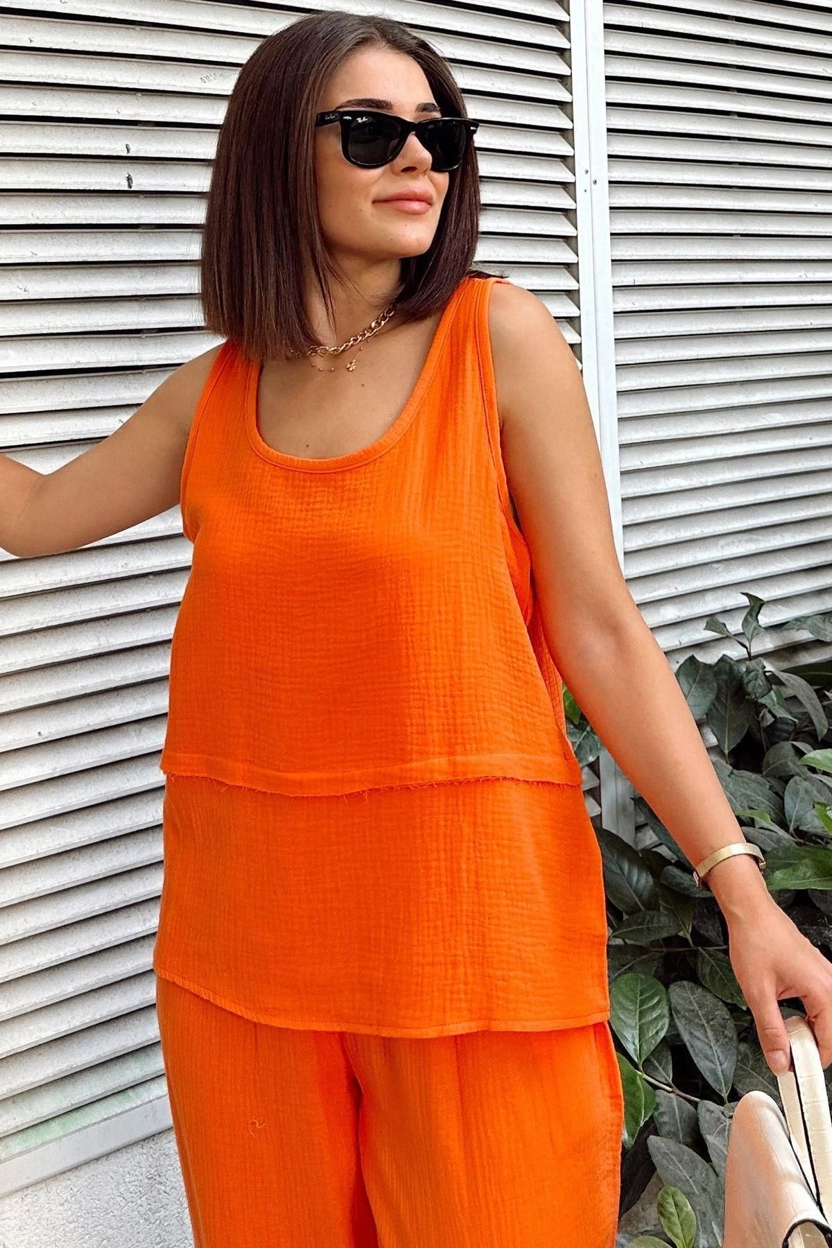 Turuncu İthal Müslin Kumaş, Basic, Katlı, Salaş Askılı Bluz & Atlet