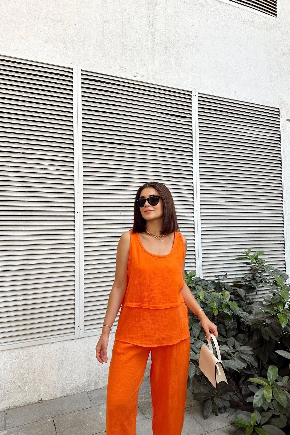 Turuncu İthal Müslin Kumaş, Basic, Katlı, Salaş Askılı Bluz & Atlet