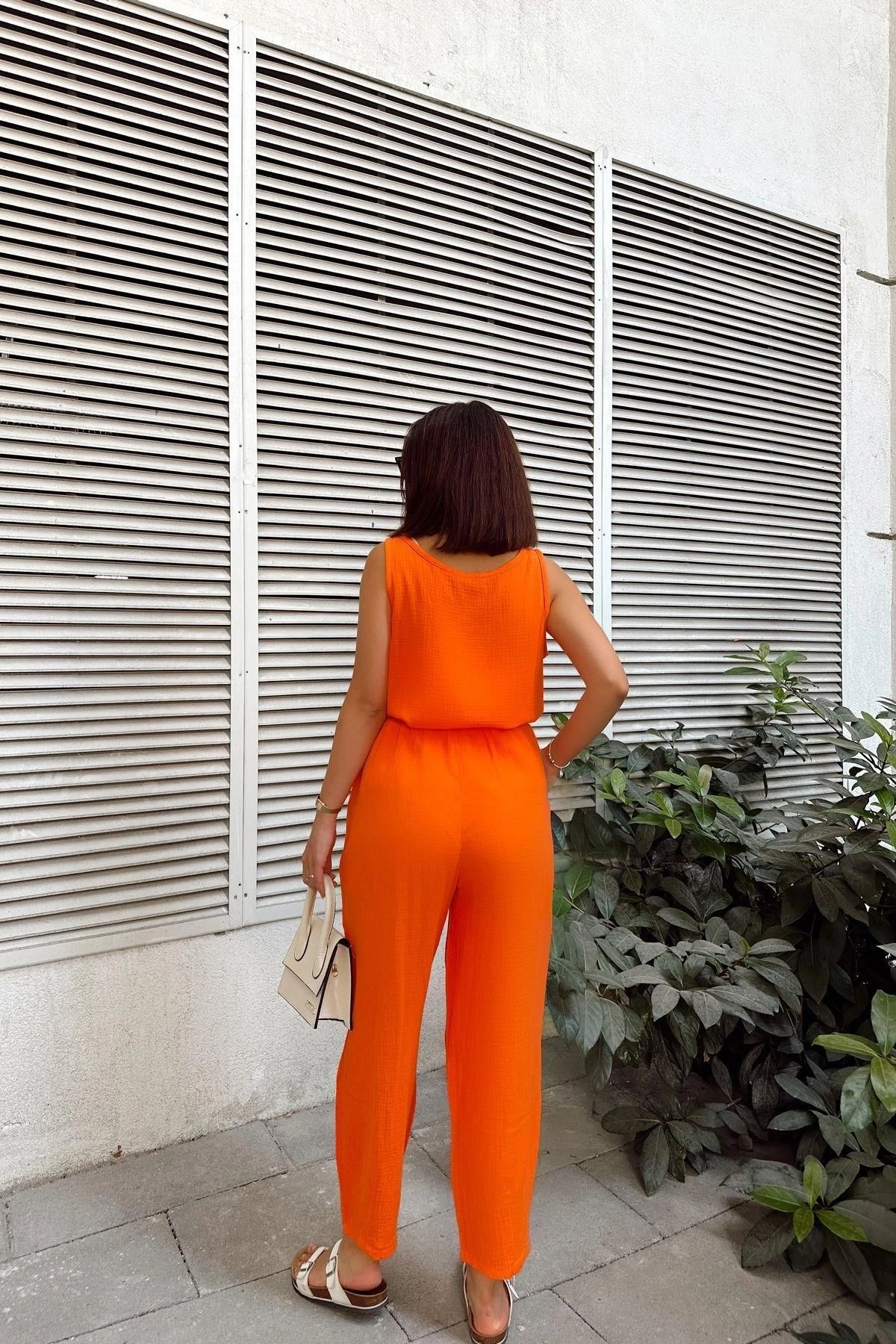 Turuncu İthal Müslin Kumaş, Basic, Katlı, Salaş Askılı Bluz & Atlet