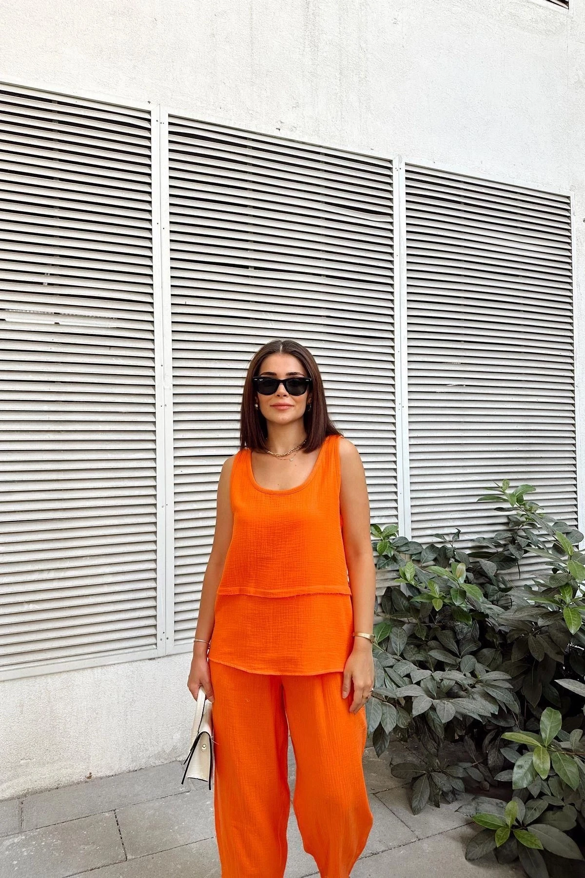 Turuncu İthal Müslin Kumaş, Basic, Katlı, Salaş Askılı Bluz & Atlet