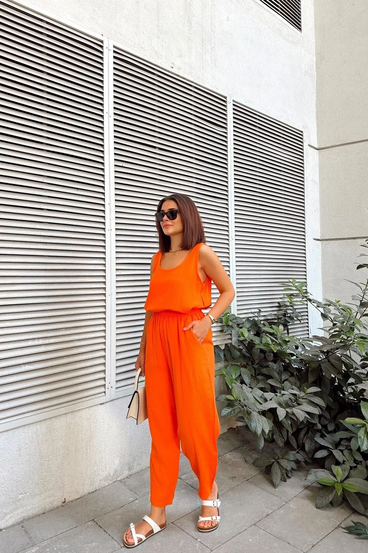 Turuncu İthal Müslin Kumaş, Basic, Katlı, Salaş Askılı Bluz & Atlet