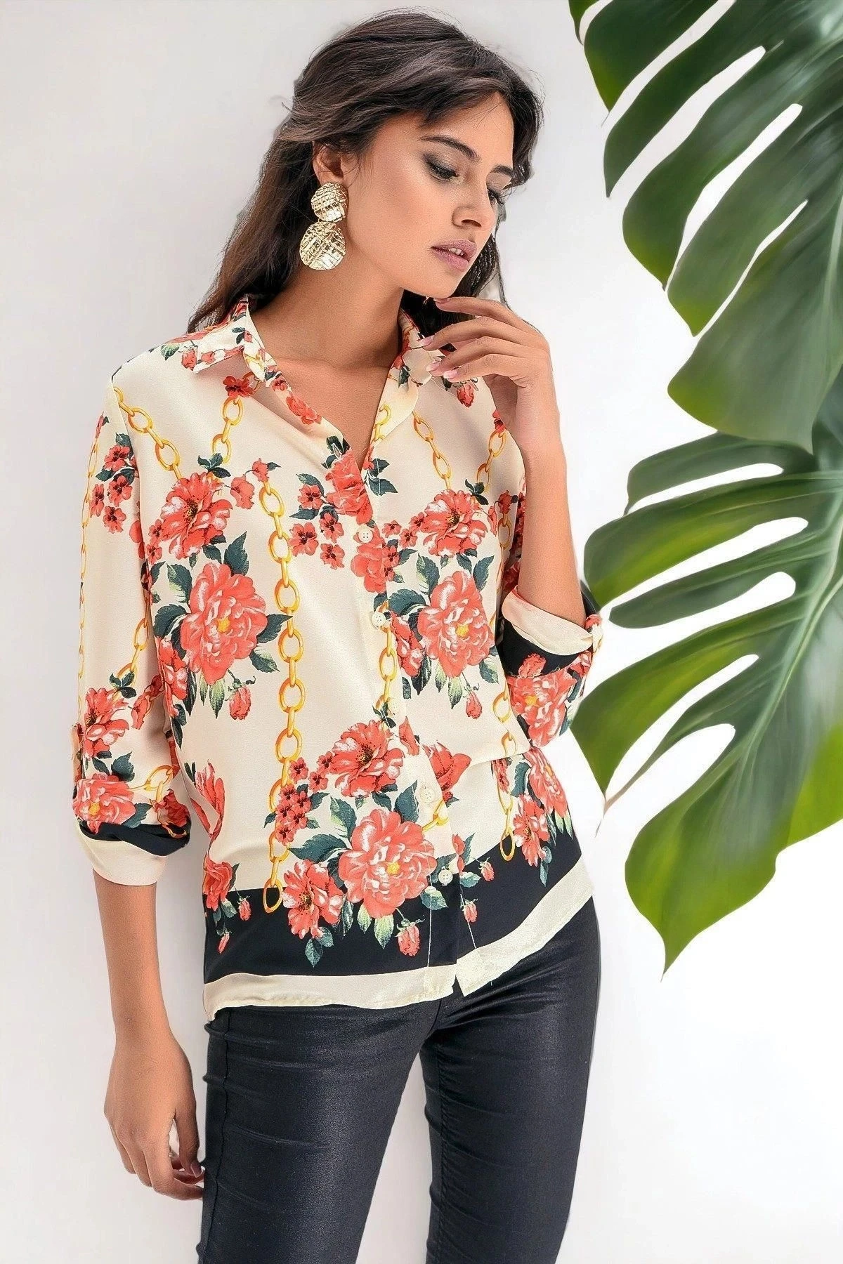 Kadın Bej Modern Tarz, Desenli Uzun Kol Gömlek