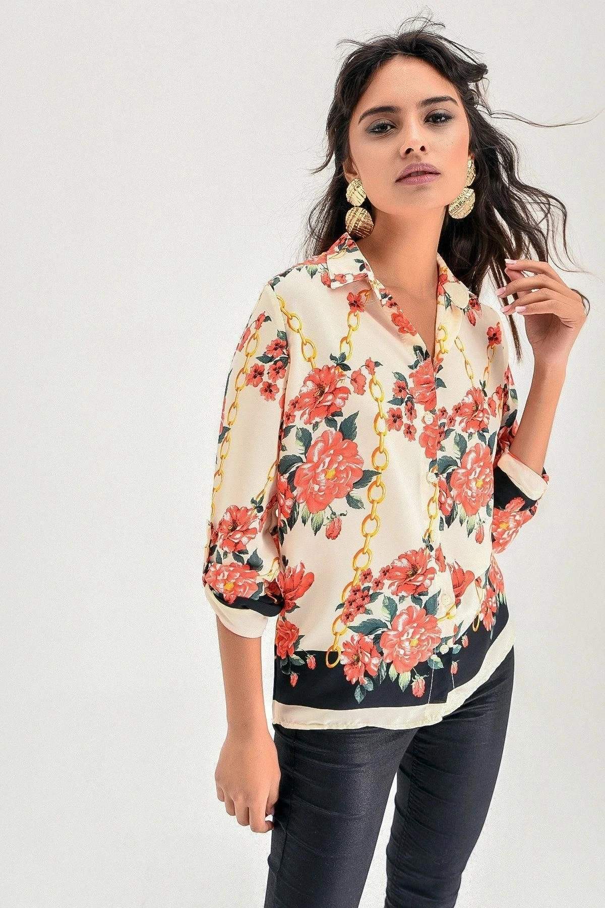 Kadın Bej Modern Tarz, Desenli Uzun Kol Gömlek