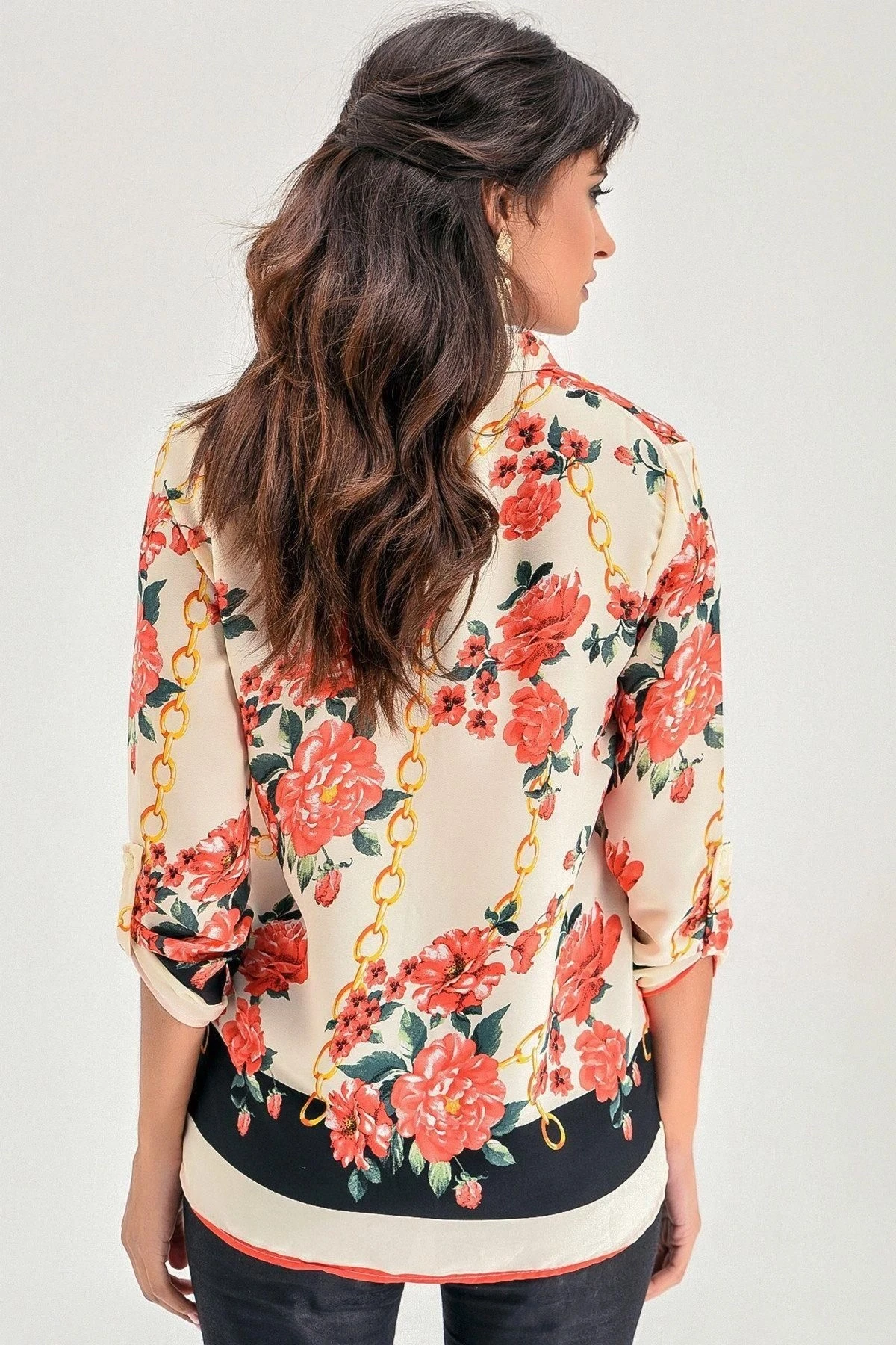 Kadın Bej Modern Tarz, Desenli Uzun Kol Gömlek