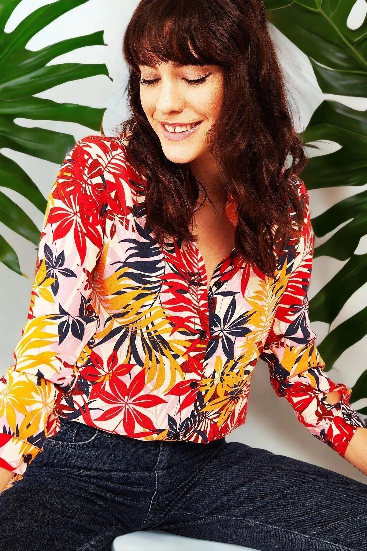 Kadın Çok Renkli Klasik Yaka, Çiçekli, Uzun Kol, Çok Renkli, Regular Kesim, Standart Boy Gömlek