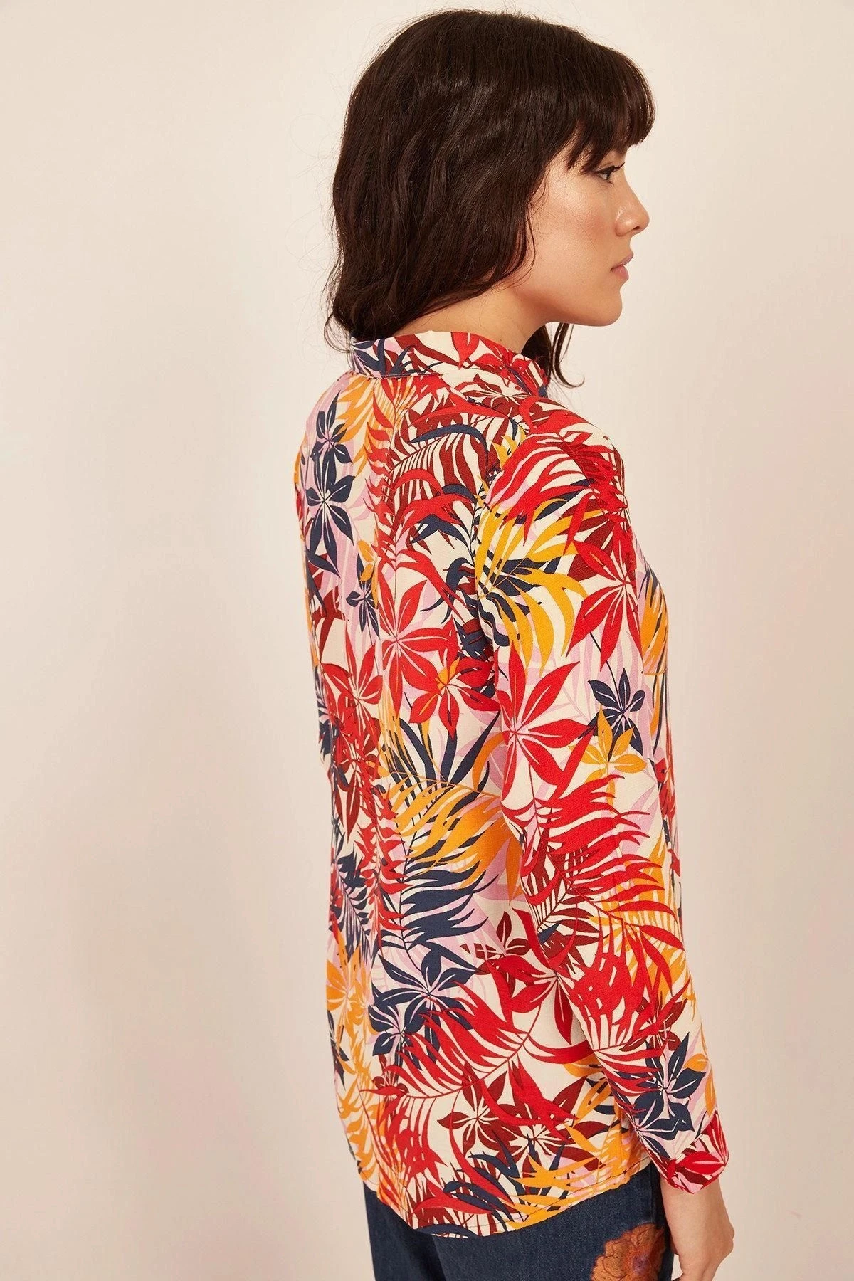 Kadın Çok Renkli Klasik Yaka, Çiçekli, Uzun Kol, Çok Renkli, Regular Kesim, Standart Boy Gömlek