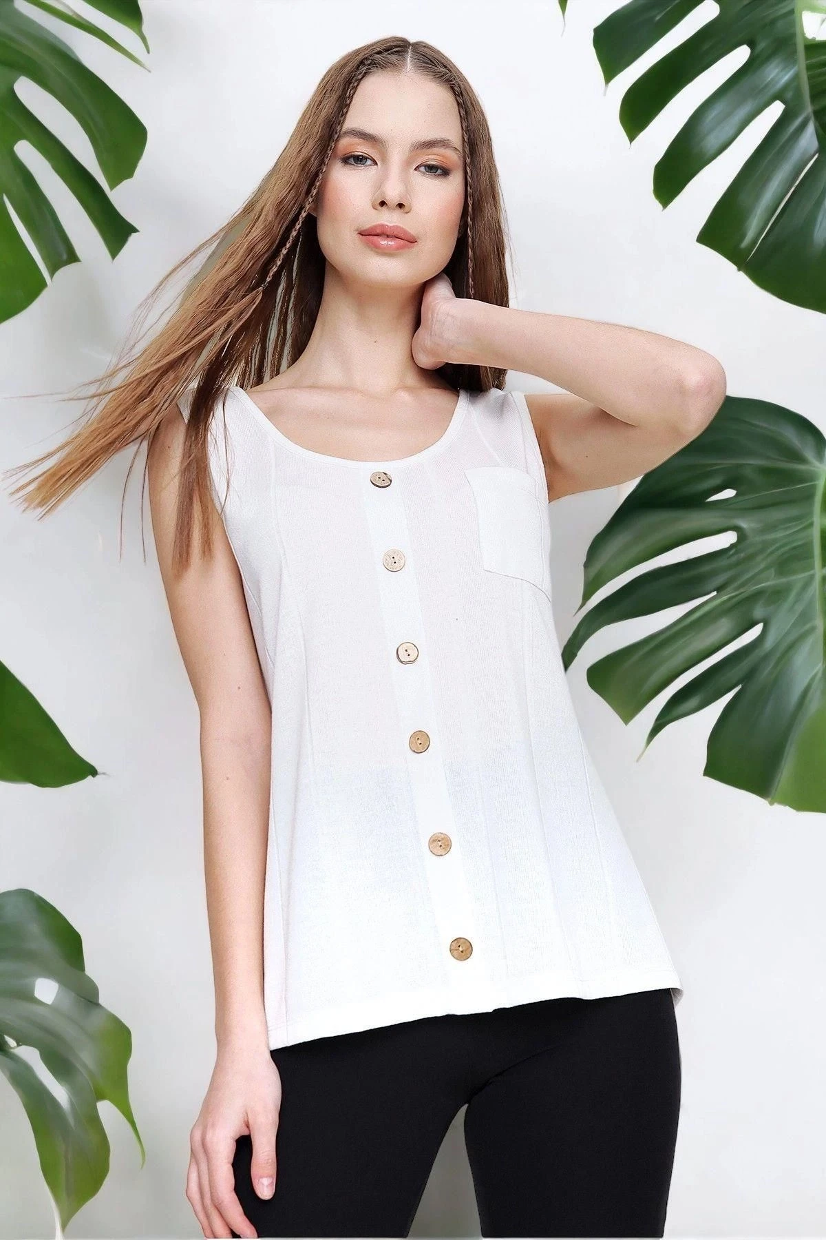 Kadın Ekru Sıfır Kol detaylı Regular Kesim Standart Boy Askılı Düğmeli İnce Örme Triko Bluz