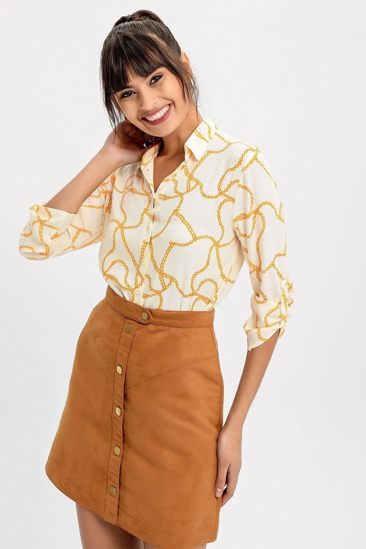 Kadın Ekru Zincir Desenli Uzun Kol Gömlek - Düz Kesim ve Giy Çık