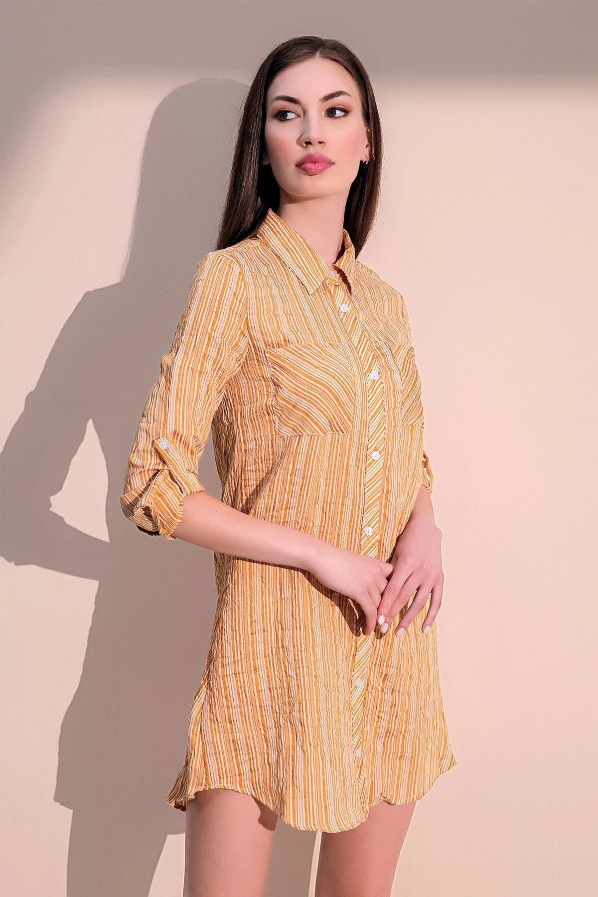 Kadın Hardal Çift Cepli Çizgili Gömlek Elbise - Uzun Kol Çizgili Desenli Cep Detaylı