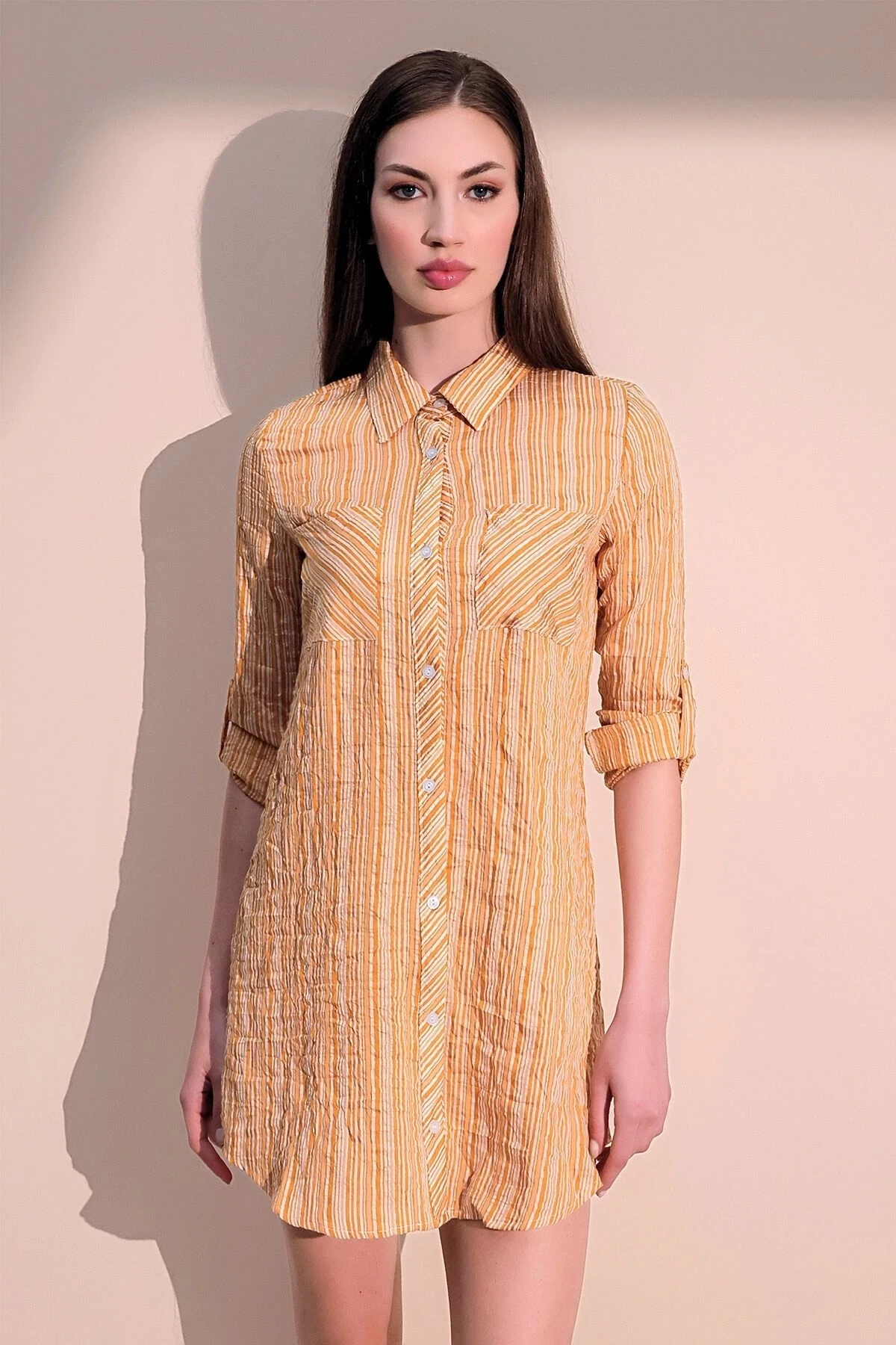 Kadın Hardal Çift Cepli Çizgili Gömlek Elbise - Uzun Kol Çizgili Desenli Cep Detaylı