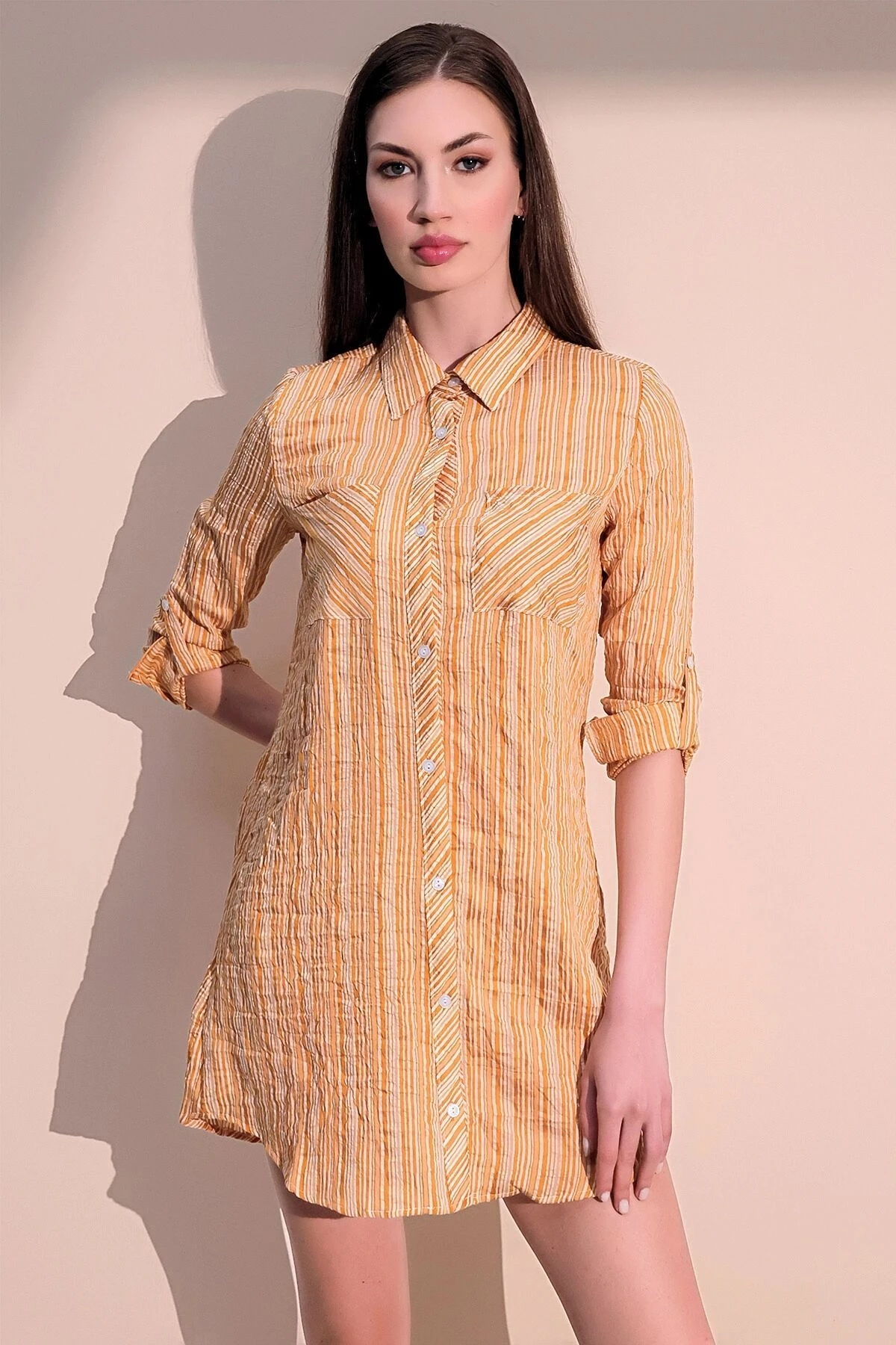 Kadın Hardal Çift Cepli Çizgili Gömlek Elbise - Uzun Kol Çizgili Desenli Cep Detaylı