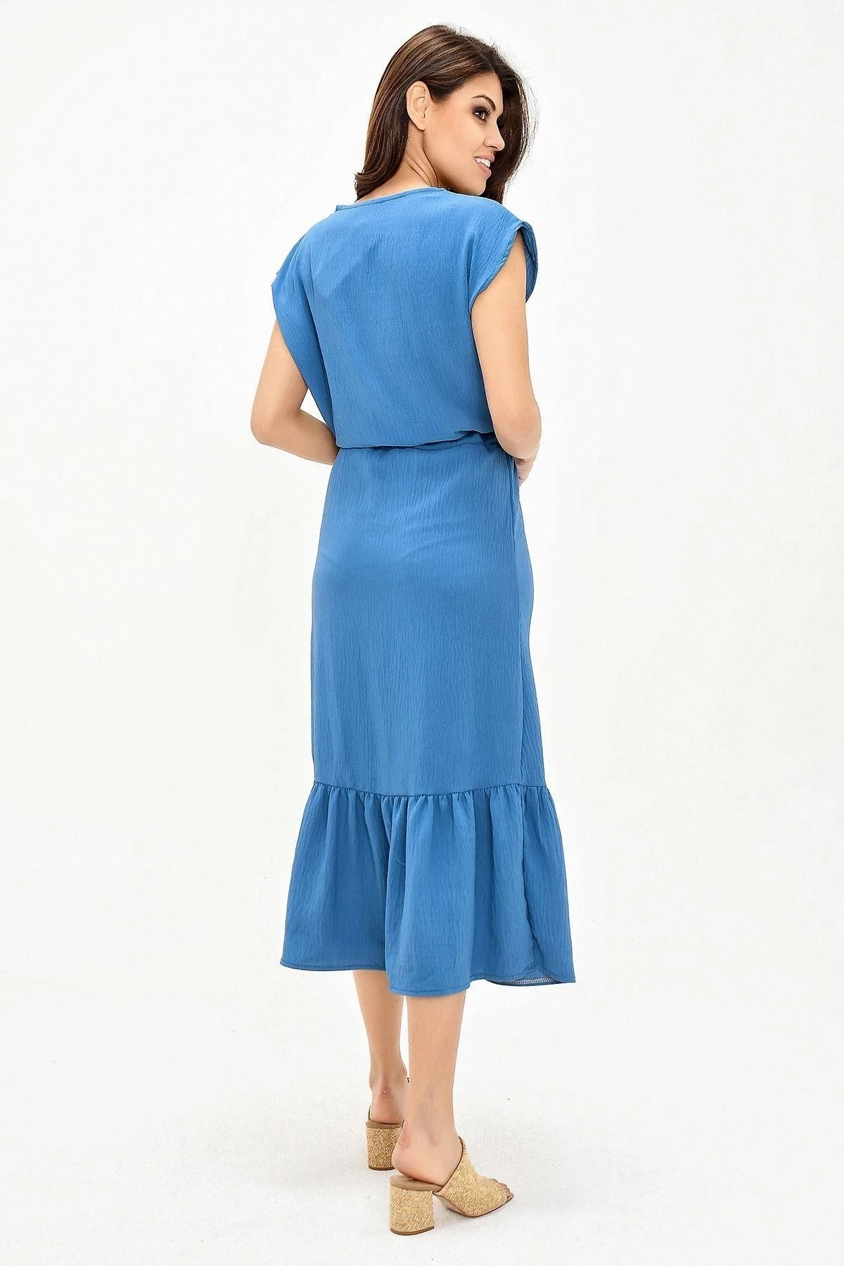Kadın İndigo Kruvaze Hasır Detaylı Kısa Kollu Regular Kesim Maksi Boy, Uzun Rahat Ve Günlük Elbise
