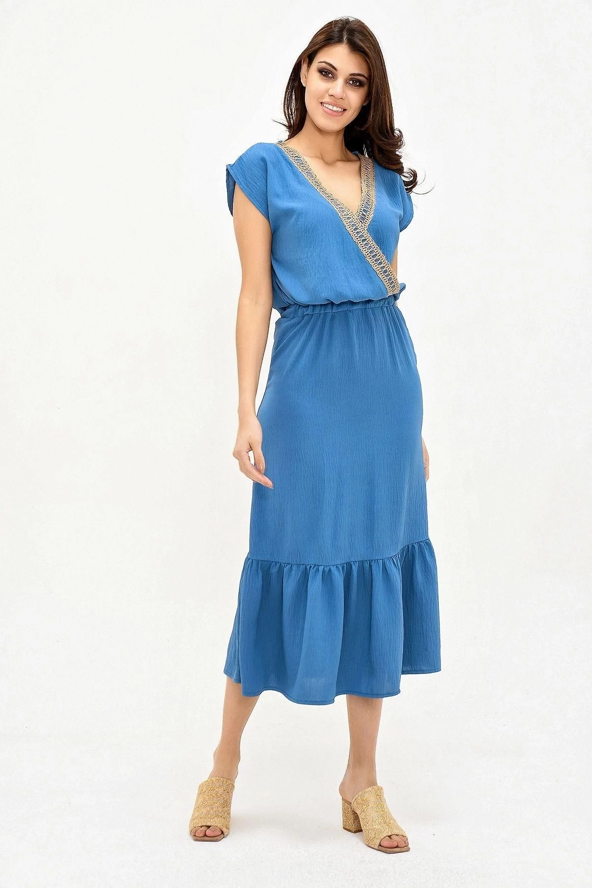 Kadın İndigo Kruvaze Hasır Detaylı Kısa Kollu Regular Kesim Maksi Boy, Uzun Rahat Ve Günlük Elbise