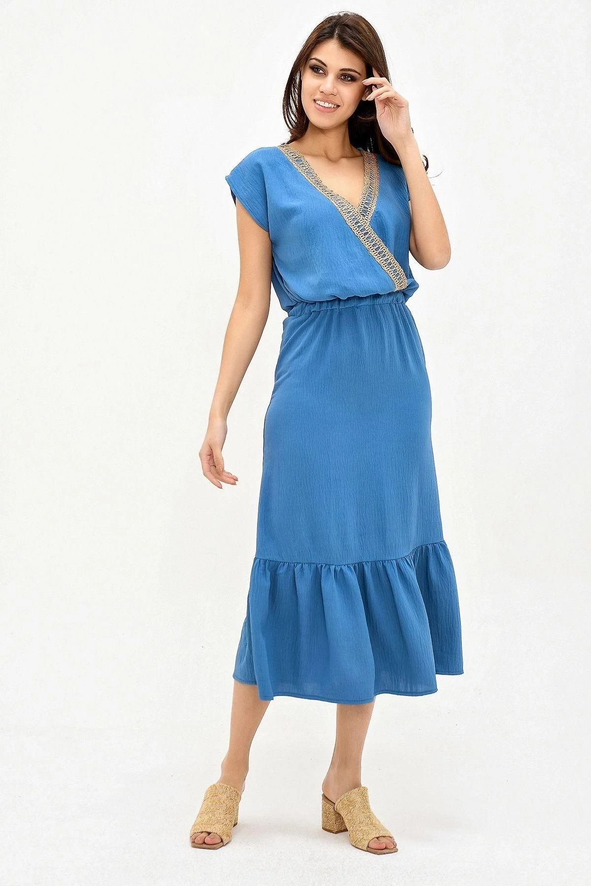 Kadın İndigo Kruvaze Hasır Detaylı Kısa Kollu Regular Kesim Maksi Boy, Uzun Rahat Ve Günlük Elbise