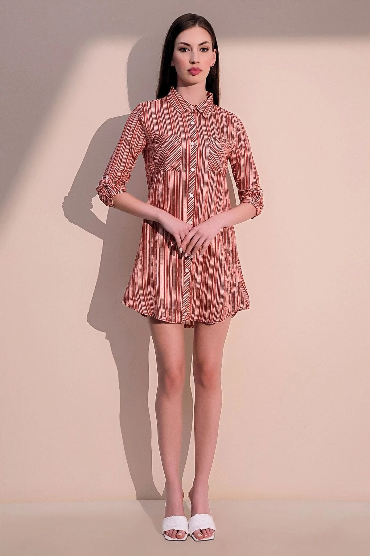 Kadın Kiremit Çift Cepli Çizgili Gömlek Elbise - Uzun Kol Çizgili Desenli Cep Detaylı