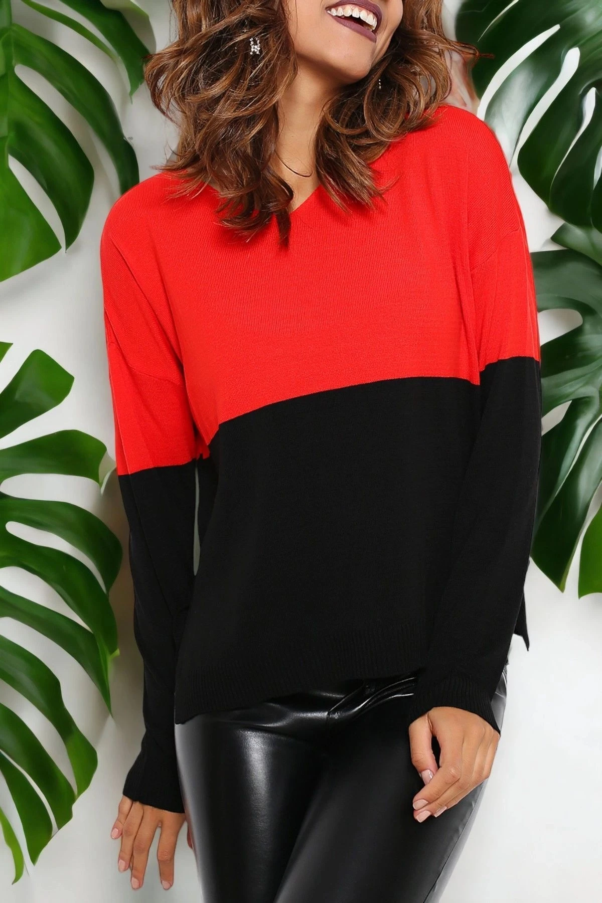 Kadın Kırmızı & Siyah Yuvarlak Yaka Iki Renkli Triko Uzun Kol Düz Kesim Standart Boy Triko Bluz