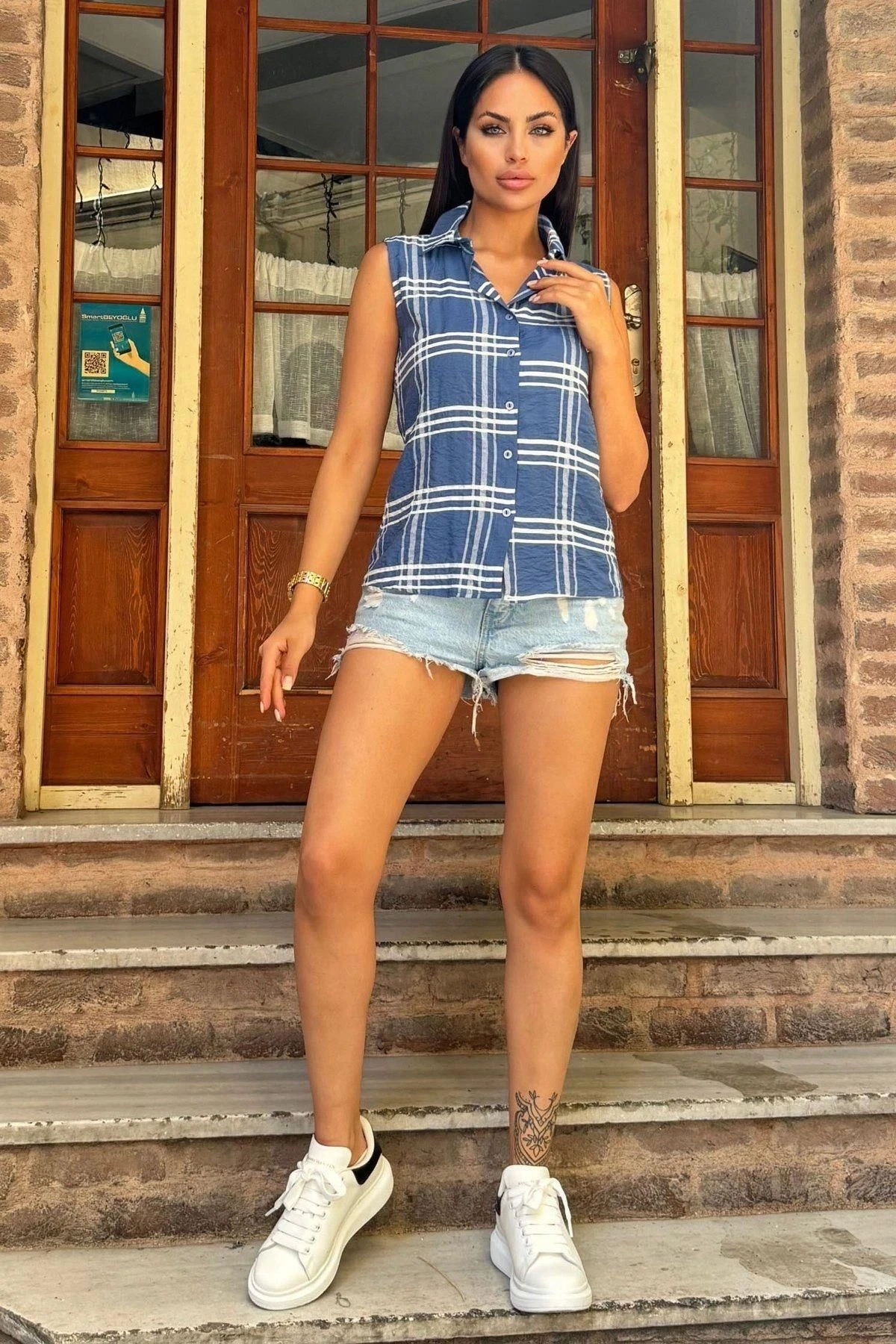 Kadın Mavi Ekose Desen, Dokulu Kumaş, Kolsuz Rahat Gömlek