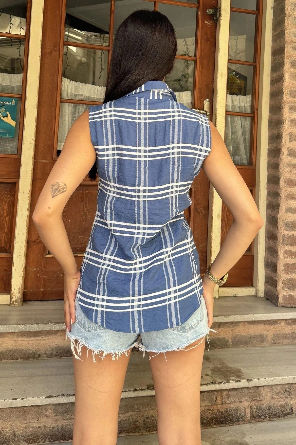 Kadın Mavi Ekose Desen, Dokulu Kumaş, Kolsuz Rahat Gömlek