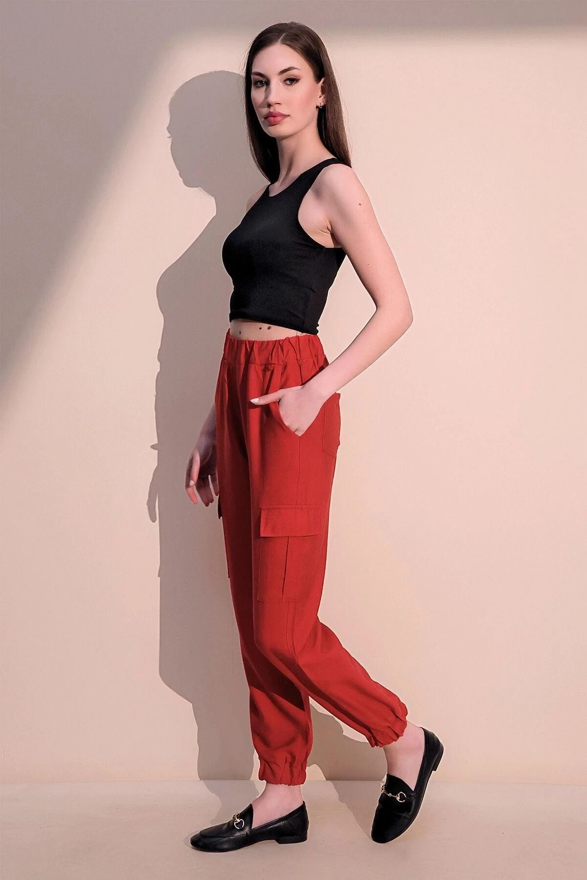 Kadın Mercan Keten Kaliteli Kumaş, Yan Cepli, Paçası Lastikli Safari Pantolon