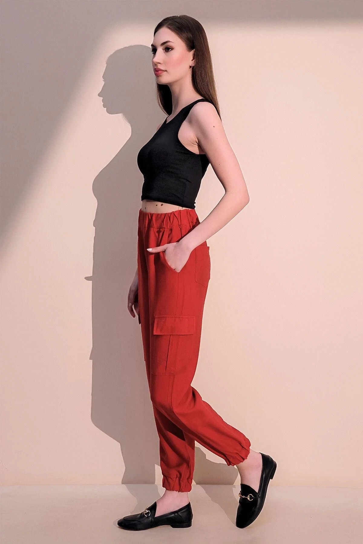 Kadın Mercan Keten Kaliteli Kumaş, Yan Cepli, Paçası Lastikli Safari Pantolon