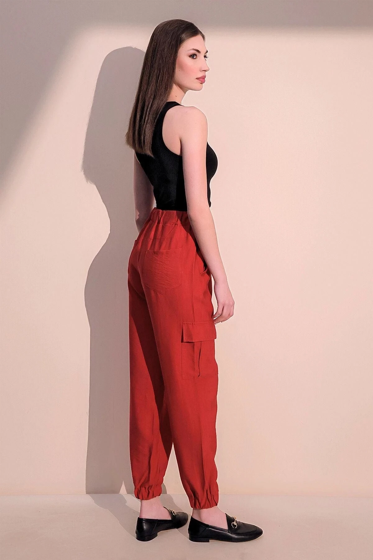 Kadın Mercan Keten Kaliteli Kumaş, Yan Cepli, Paçası Lastikli Safari Pantolon