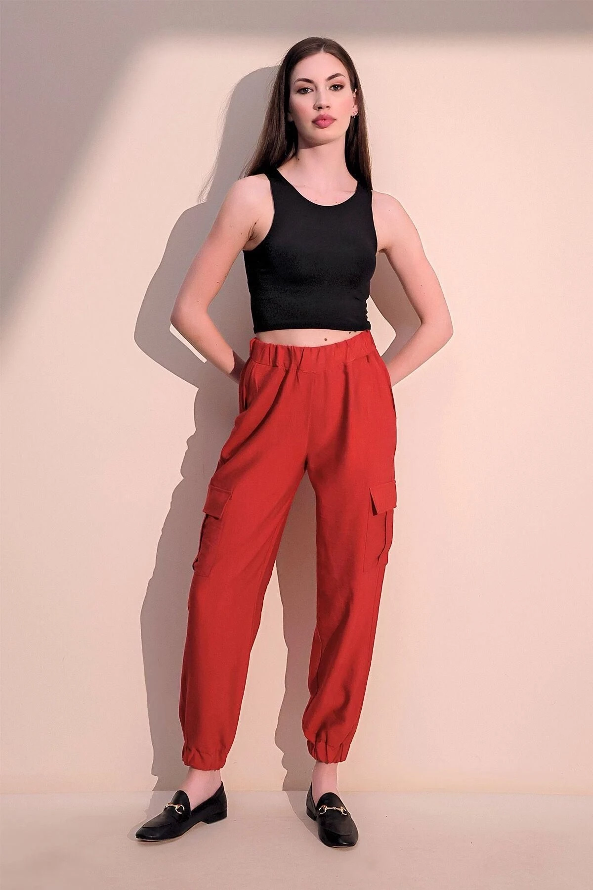 Kadın Mercan Keten Kaliteli Kumaş, Yan Cepli, Paçası Lastikli Safari Pantolon