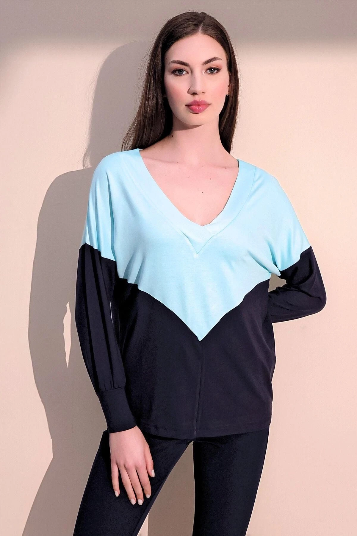 Kadın Mint V Yaka Color Block Basic Salaş - Rahat Penye Bluz