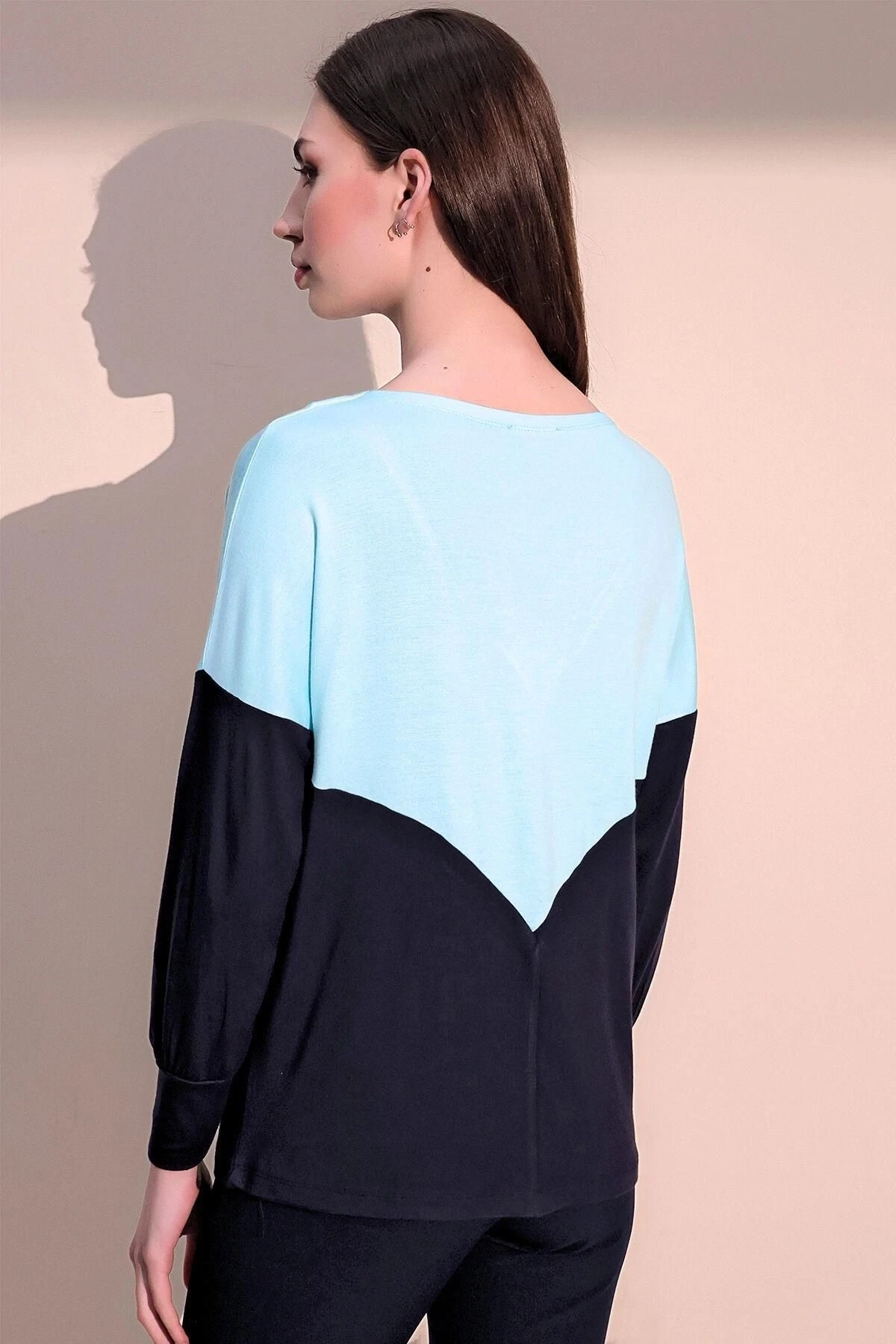 Kadın Mint V Yaka Color Block Basic Salaş - Rahat Penye Bluz