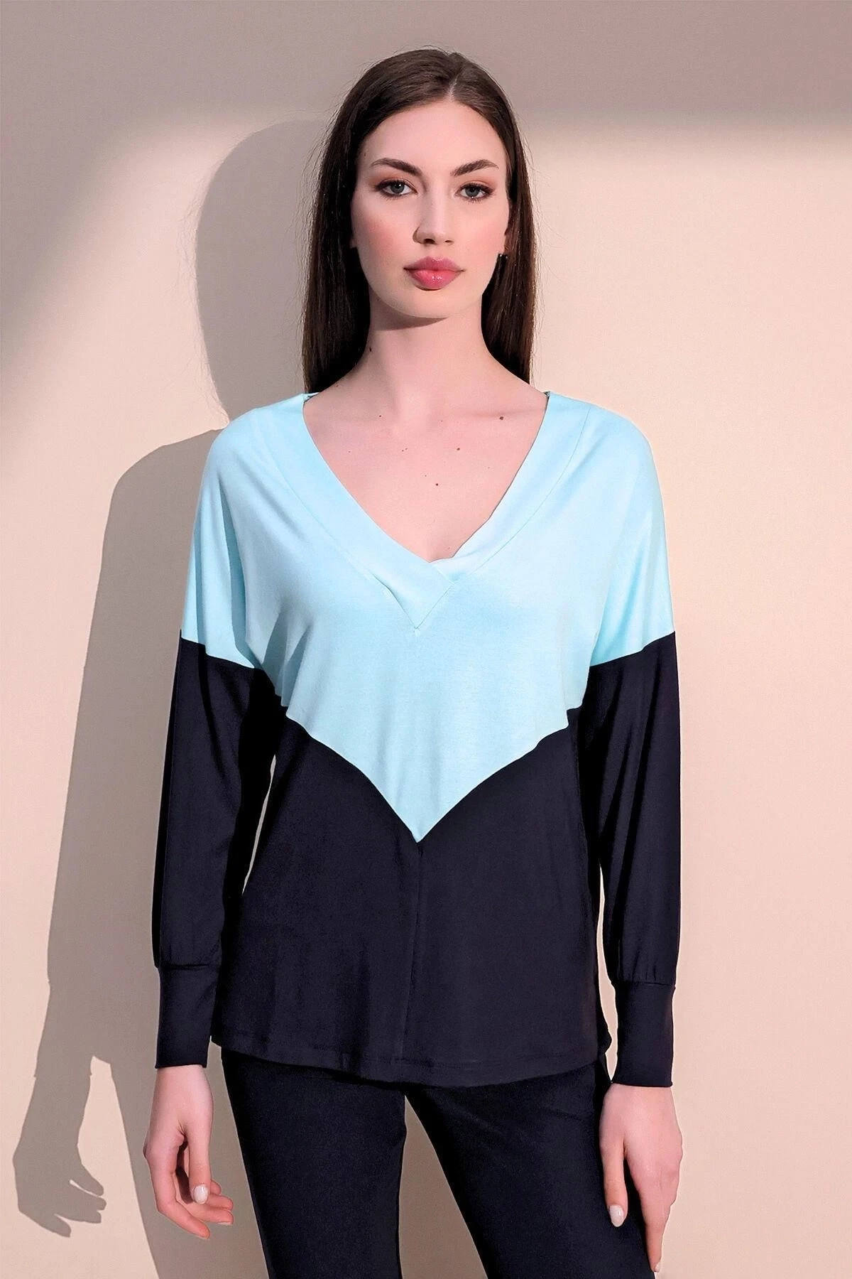 Kadın Mint V Yaka Color Block Basic Salaş - Rahat Penye Bluz