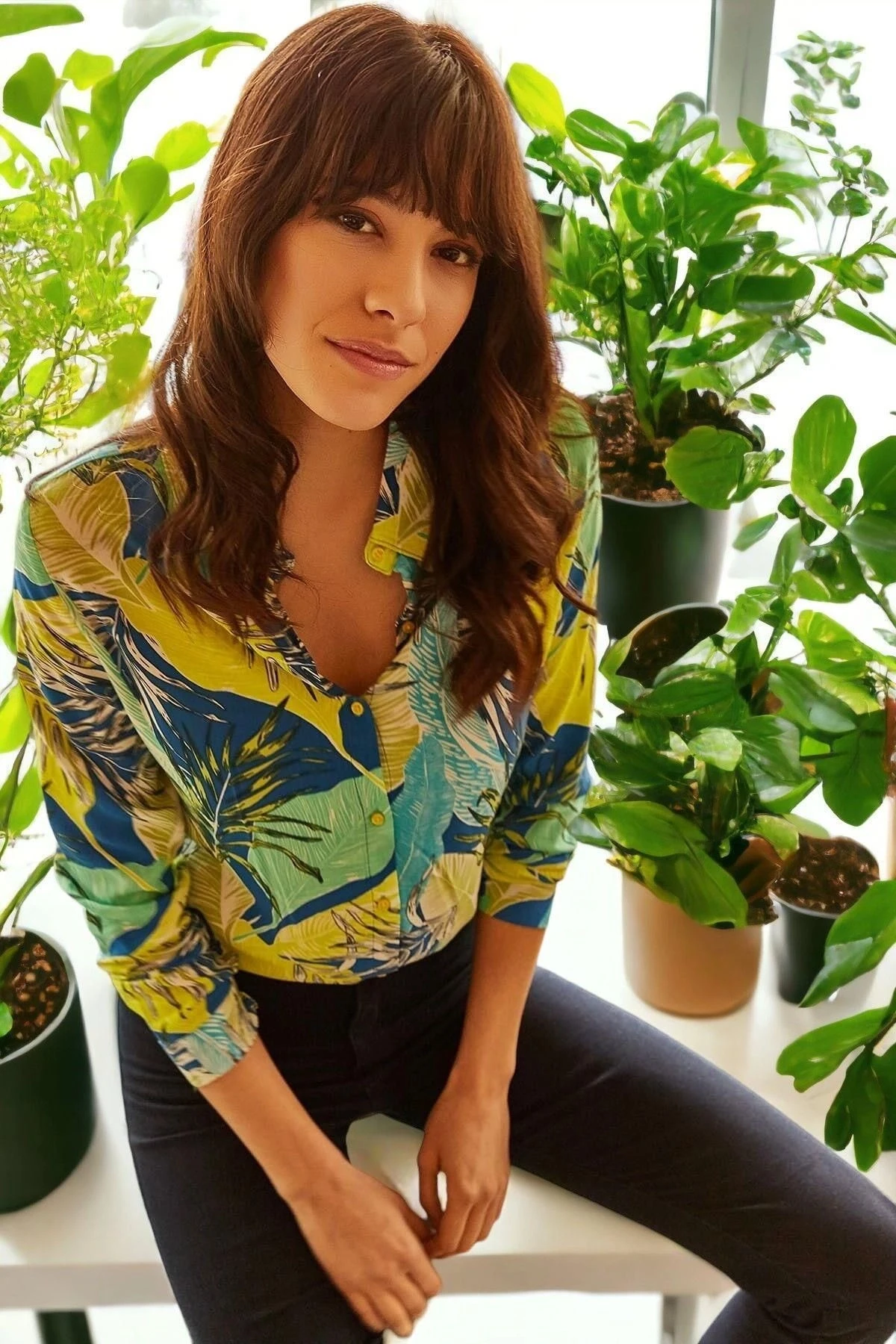 Kadın Sarı Kaliteli Üretim Yaprak Desenli Regular Kesim Uzun Kol Gömlek